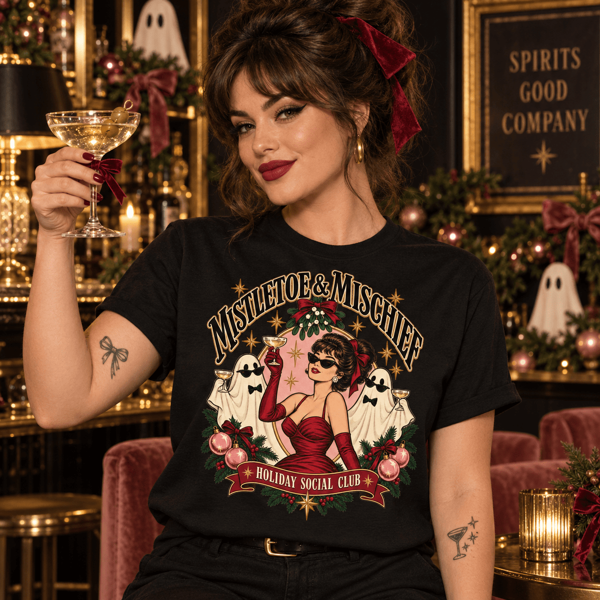 Mistletoe & Mischief Holiday T-Shirt — Vintage Pinup Christmas Tee - Boo Crew Boutique