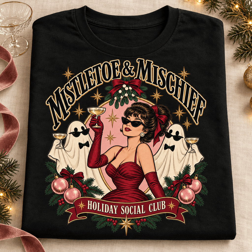 Mistletoe & Mischief Holiday T-Shirt — Vintage Pinup Christmas Tee - Boo Crew Boutique