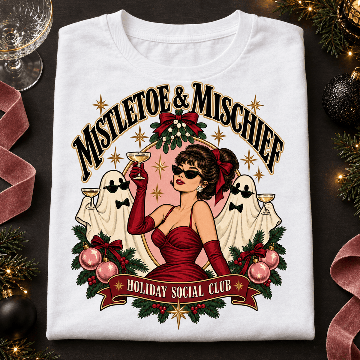 Mistletoe & Mischief Holiday T-Shirt — Vintage Pinup Christmas Tee - Boo Crew Boutique