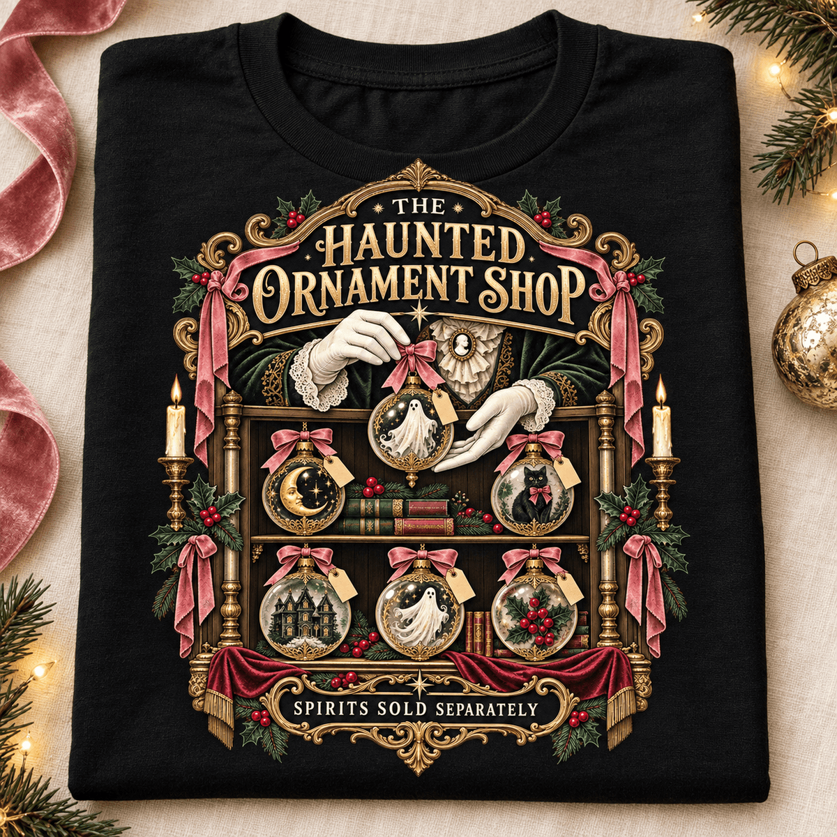 Haunted Ornament Shop T-Shirt — Vintage Halloween Horror Graphic Tee - Boo Crew Boutique