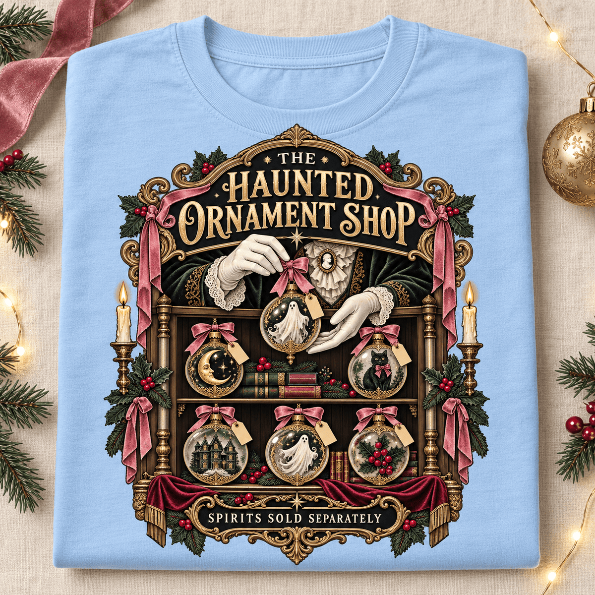 Haunted Ornament Shop T-Shirt — Vintage Halloween Horror Graphic Tee - Boo Crew Boutique