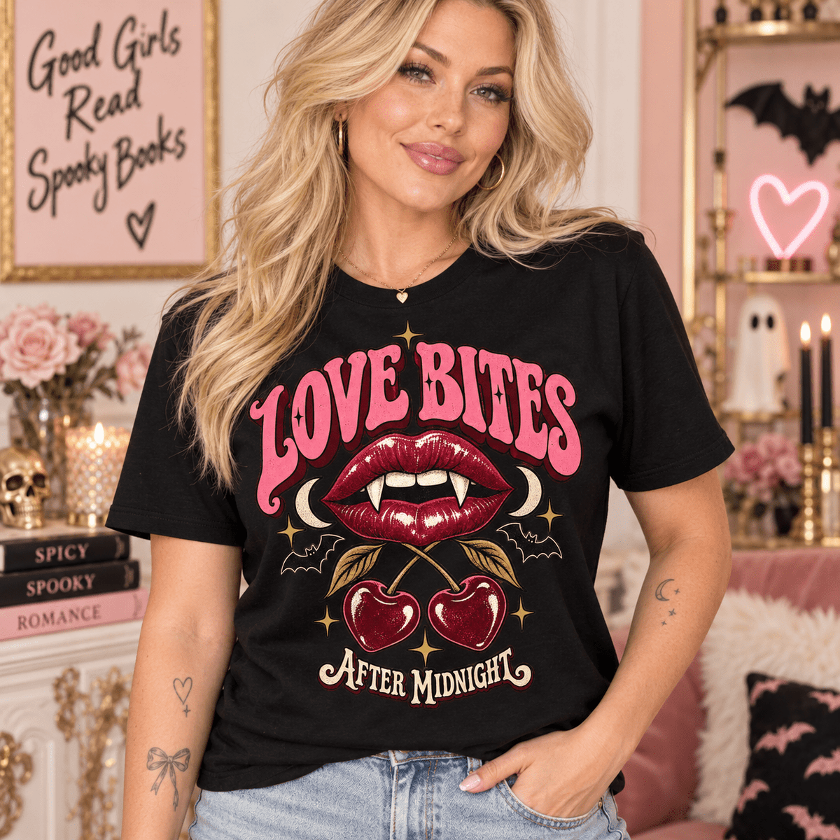 Love Bites Tee - Retro Vampire Lips & Cherries Graphic Shirt - Boo Crew Boutique