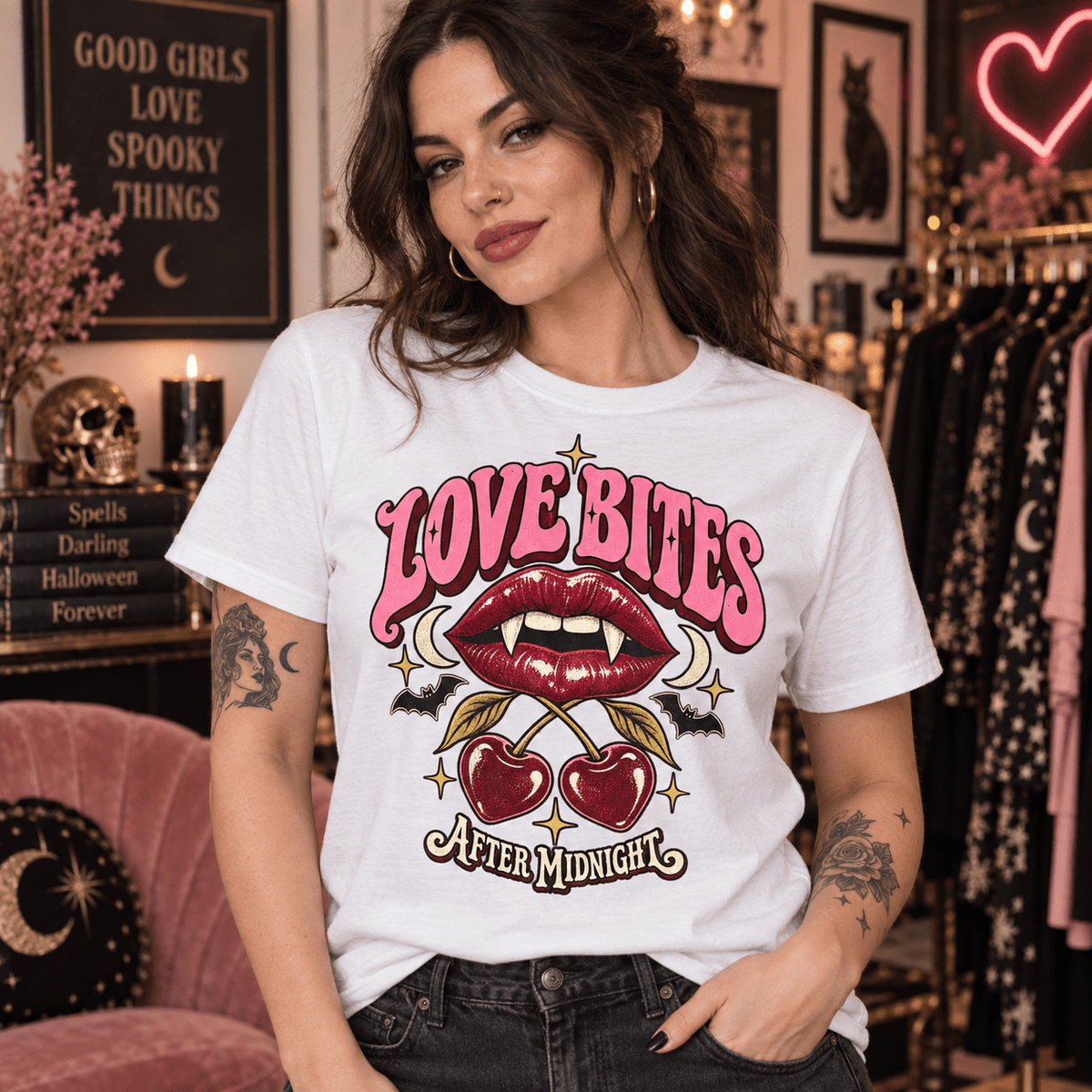 Love Bites Tee - Retro Vampire Lips & Cherries Graphic Shirt - Boo Crew Boutique