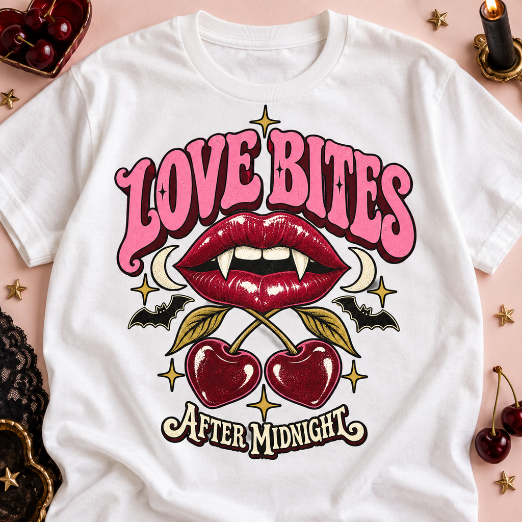 Love Bites Tee - Retro Vampire Lips & Cherries Graphic Shirt