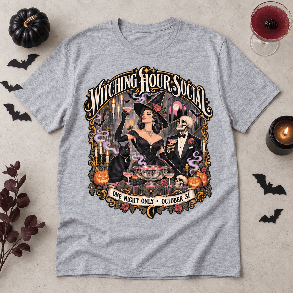 Witching Hour Social T-Shirt — Vintage Halloween Witch Design - Boo Crew Boutique