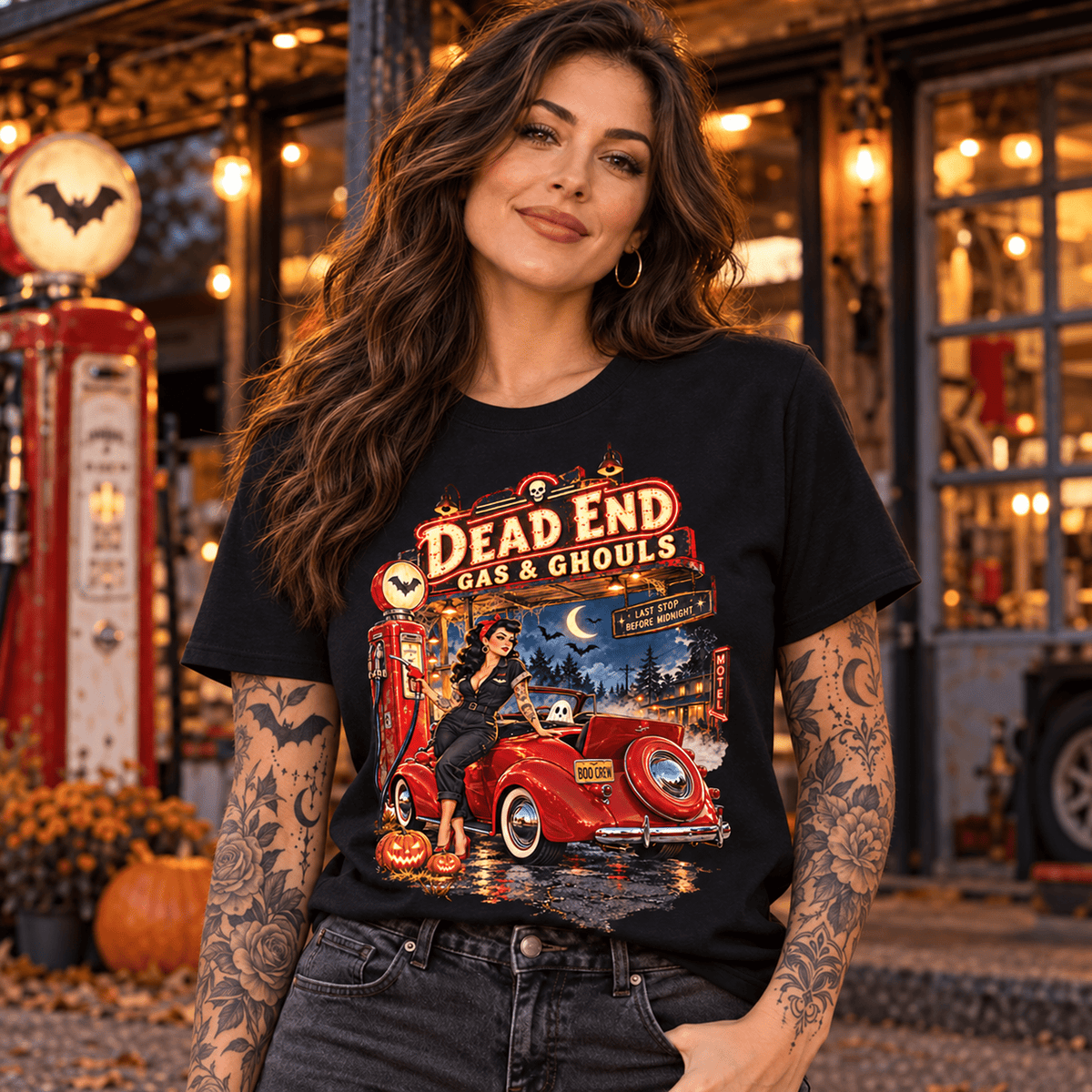 Dead End Gas & Ghouls Vintage Car Halloween T-Shirt - Boo Crew Boutique