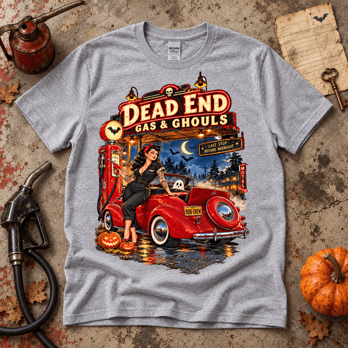 Dead End Gas & Ghouls Vintage Car Halloween T-Shirt - Boo Crew Boutique
