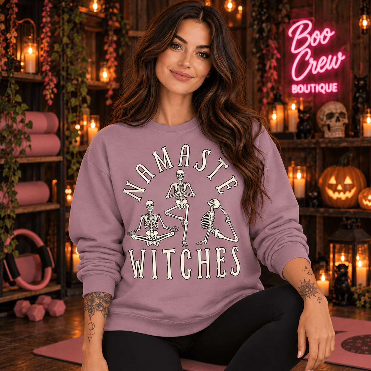 Namaste Witches Halloween Sweatshirt — Skeleton Yoga Crewneck - Boo Crew Boutique
