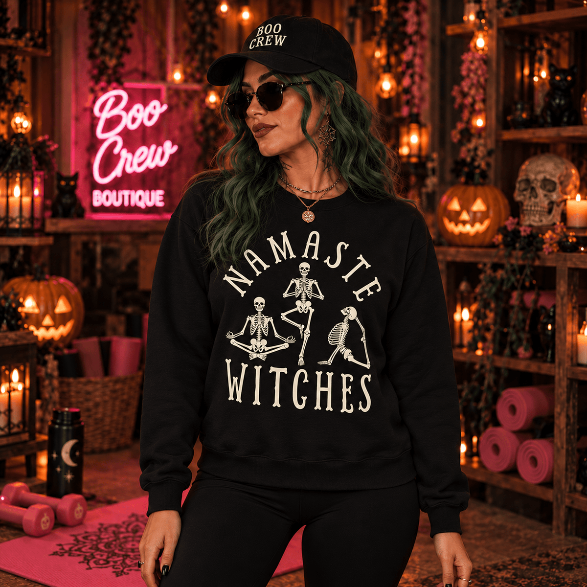 Namaste Witches Halloween Sweatshirt — Skeleton Yoga Crewneck - Boo Crew Boutique