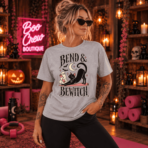 Bend & Bewitch T-Shirt — Cute Witchy Cat Yoga Halloween Tee - Boo Crew Boutique