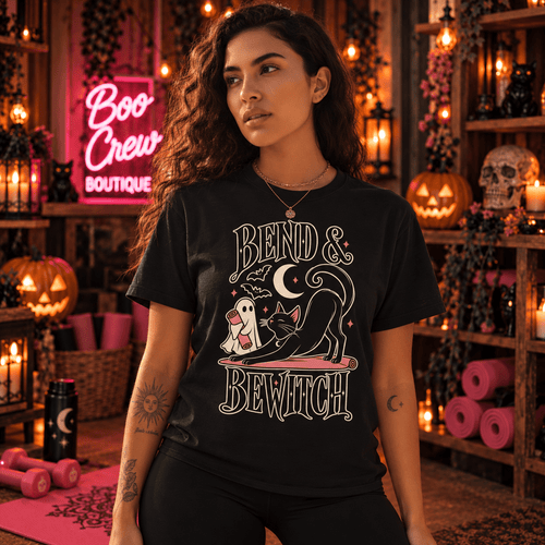 Bend & Bewitch T-Shirt — Cute Witchy Cat Yoga Halloween Tee - Boo Crew Boutique