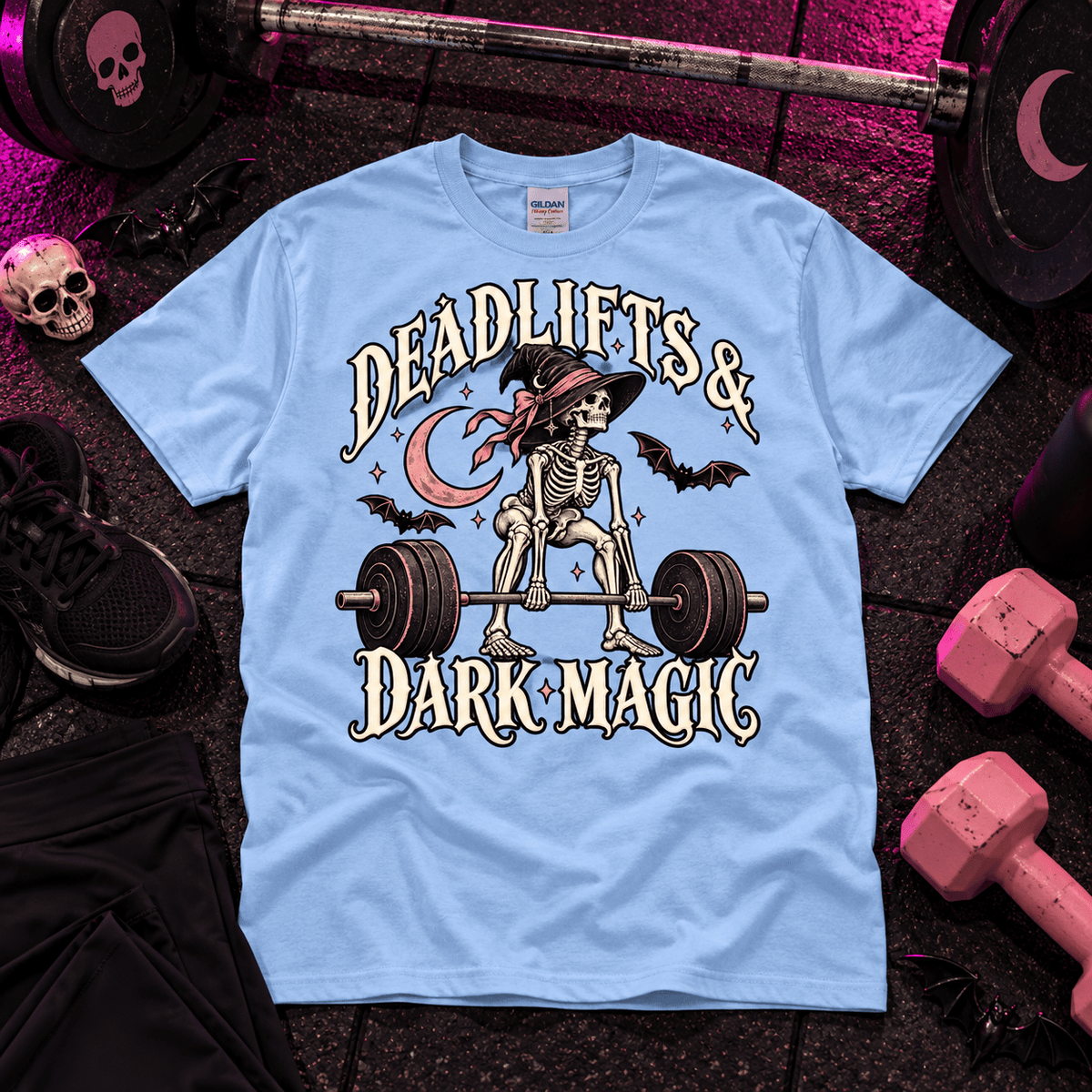 Deadlifts & Dark Magic T-Shirt — Skeleton Weightlifting Gym Tee - Boo Crew Boutique