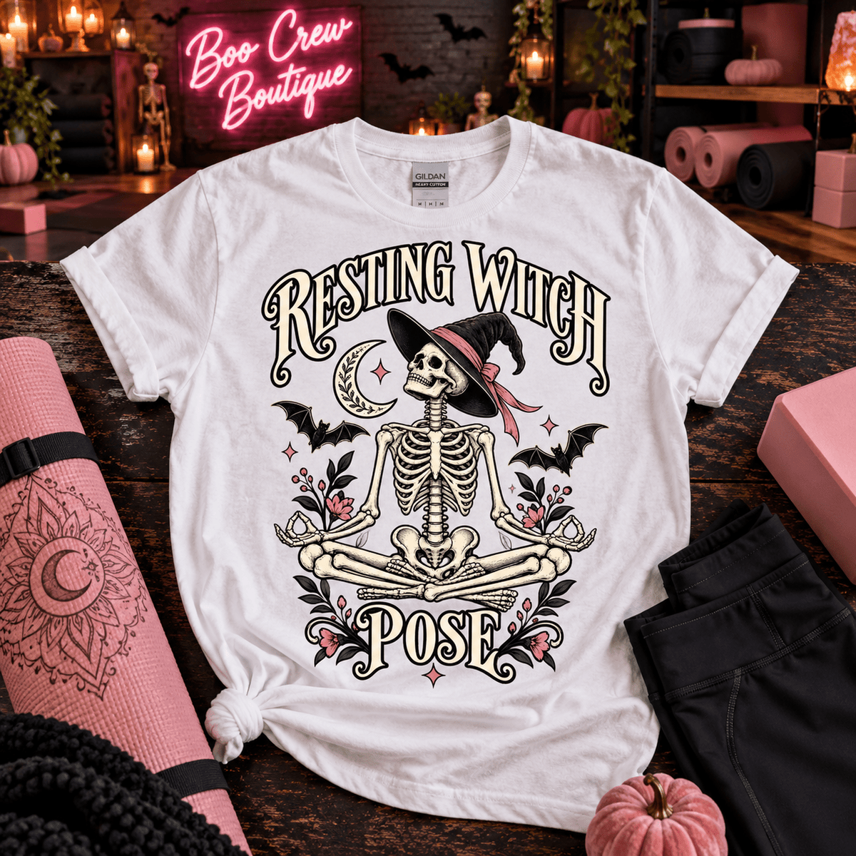 Resting Witch Face Skeleton Yoga Halloween T-Shirt - Boo Crew Boutique