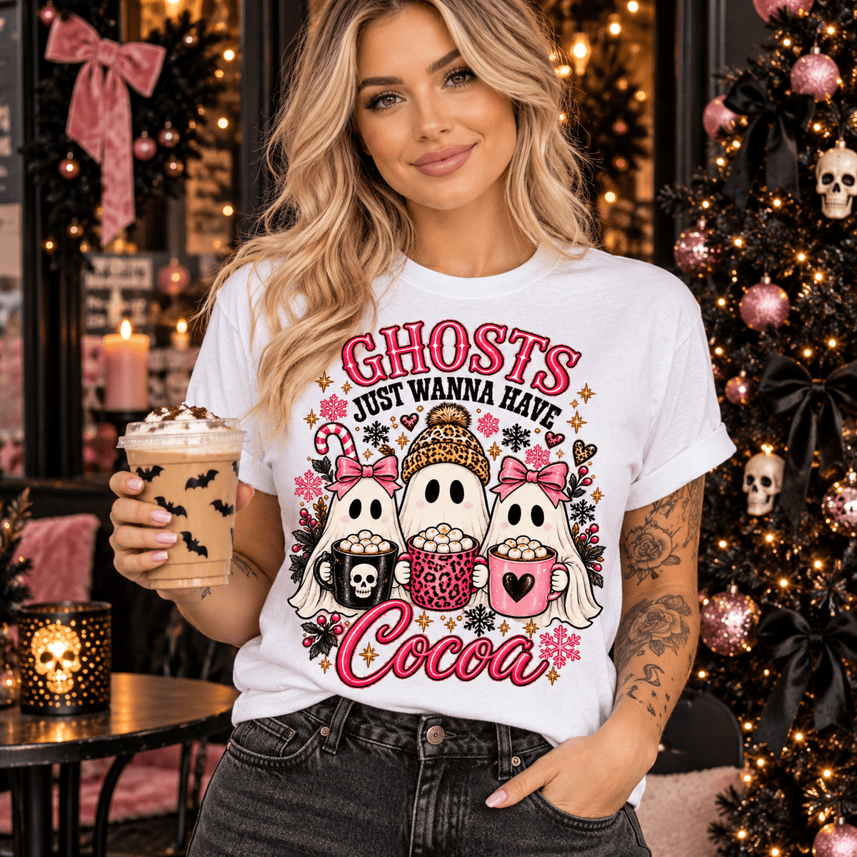 Ghosts Just Wanna Have Cocoa Halloween Christmas Tee - Boo Crew Boutique