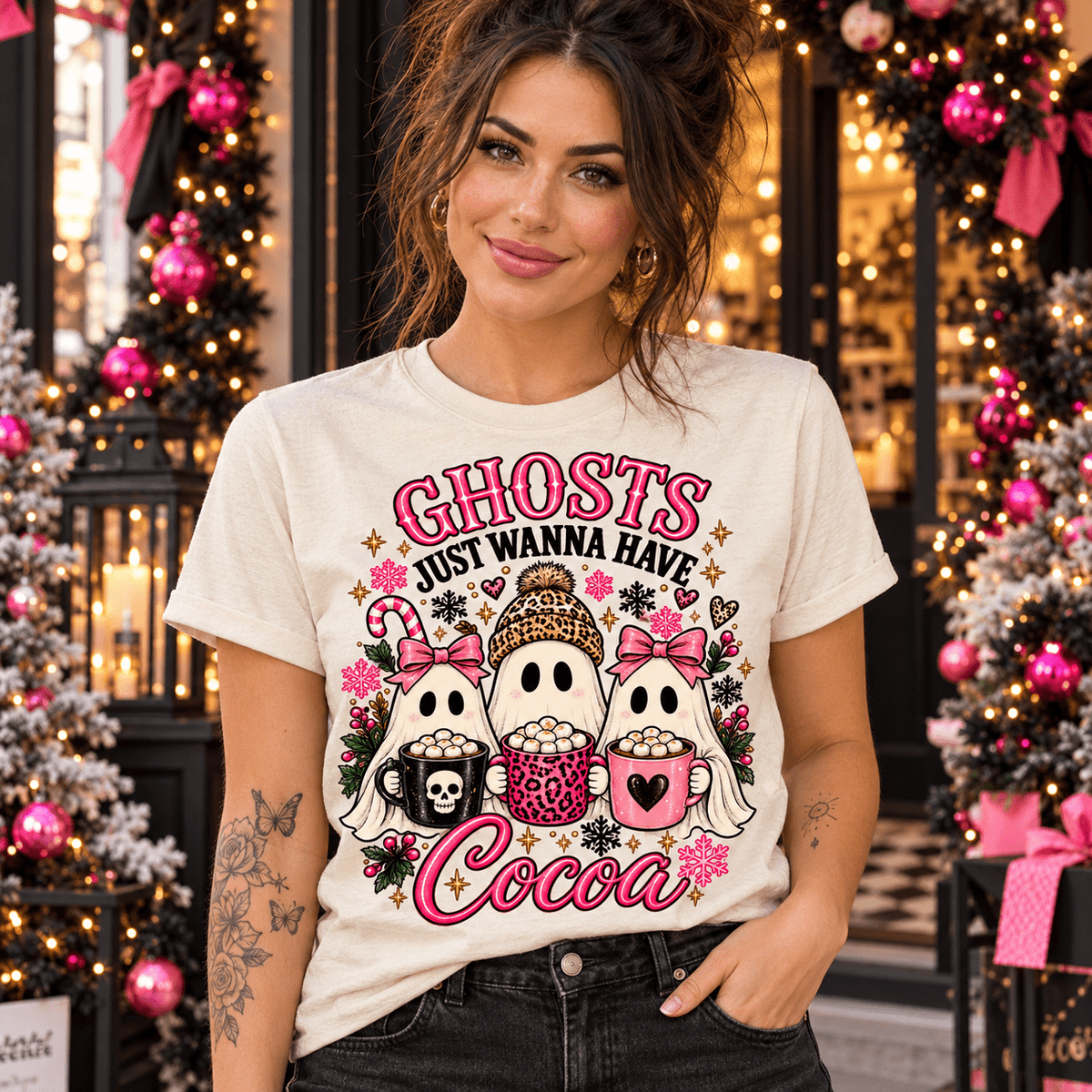 Ghosts Just Wanna Have Cocoa Halloween Christmas Tee - Boo Crew Boutique