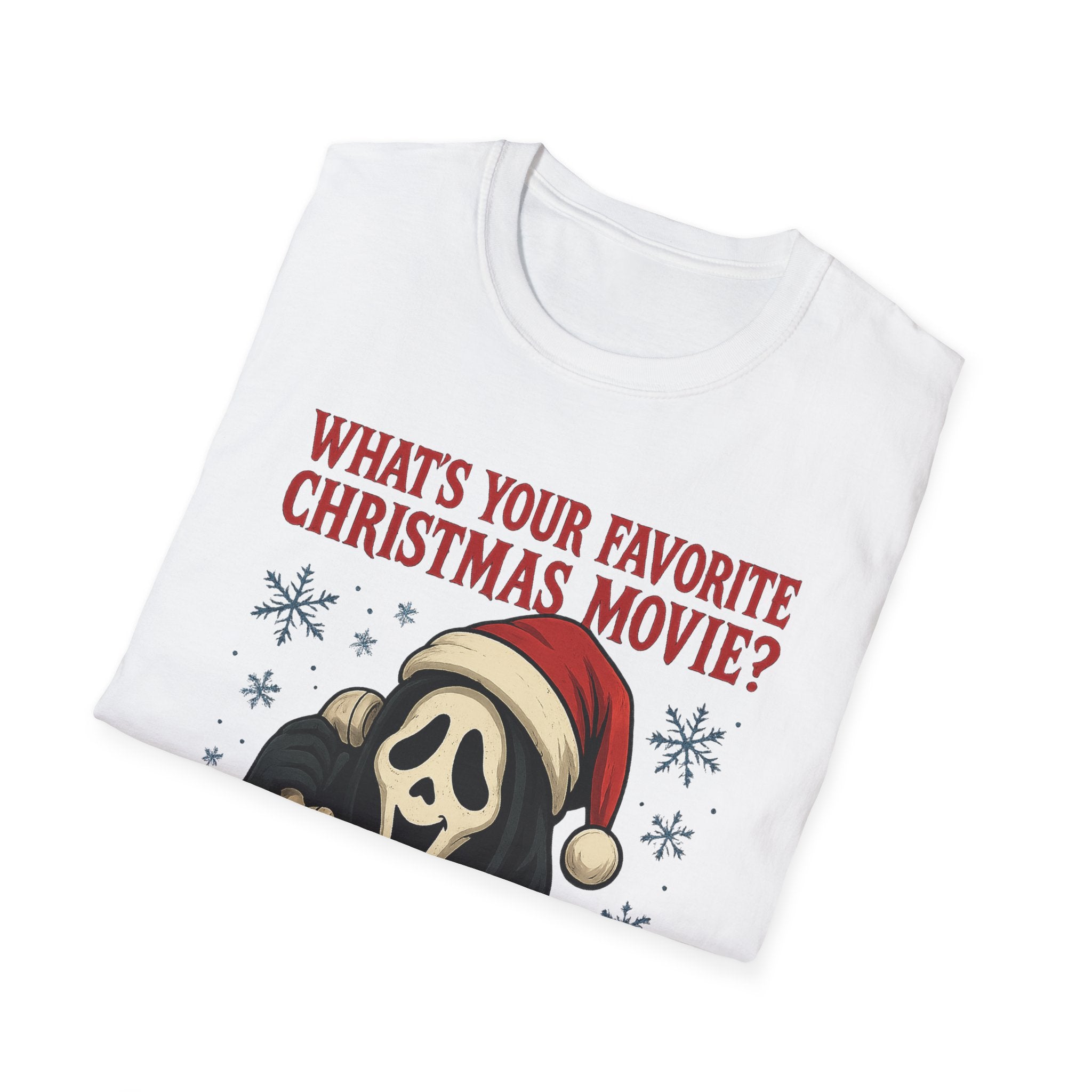 Scream Mask Christmas T-Shirt — "What's Your Favorite Christmas Movie?" Holiday Tee