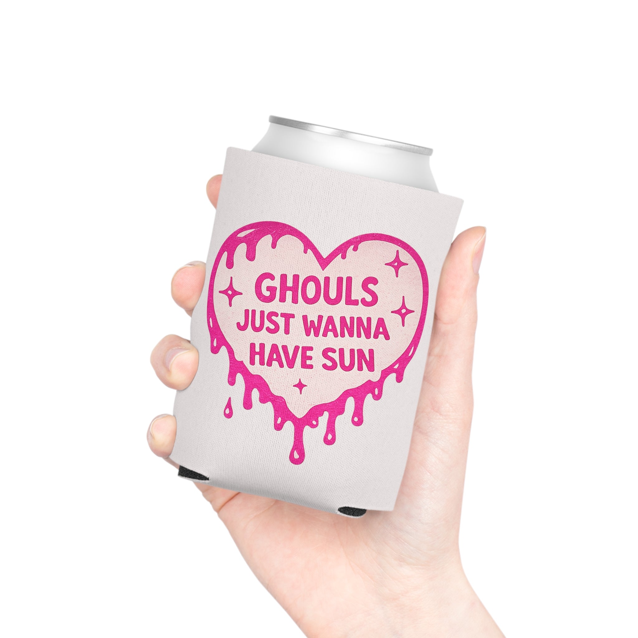 Ghouls Just Wanna Have Sun Can Cooler — Pink Drippy Heart Beverage Koozie - Boo Crew Boutique