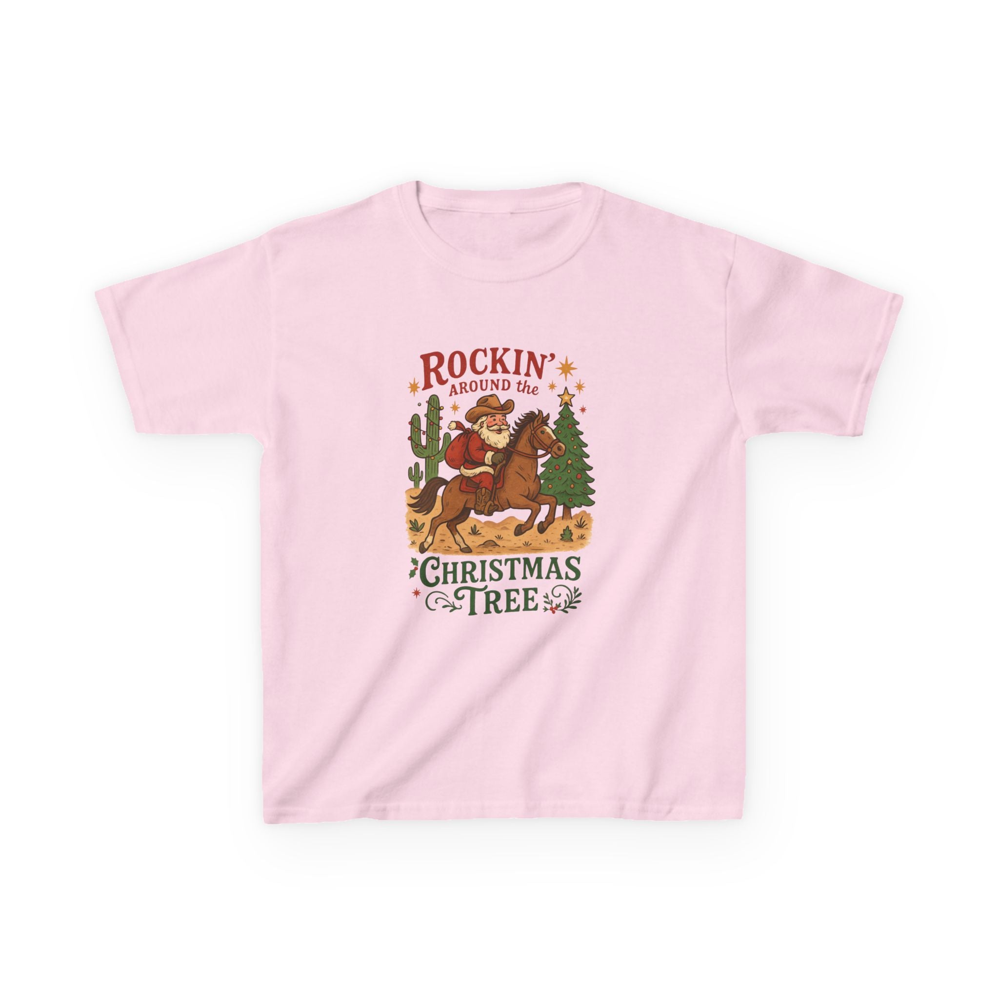 Rockin' Around the Christmas Tree Kids Tee | Cowboy Horse Holiday Graphic