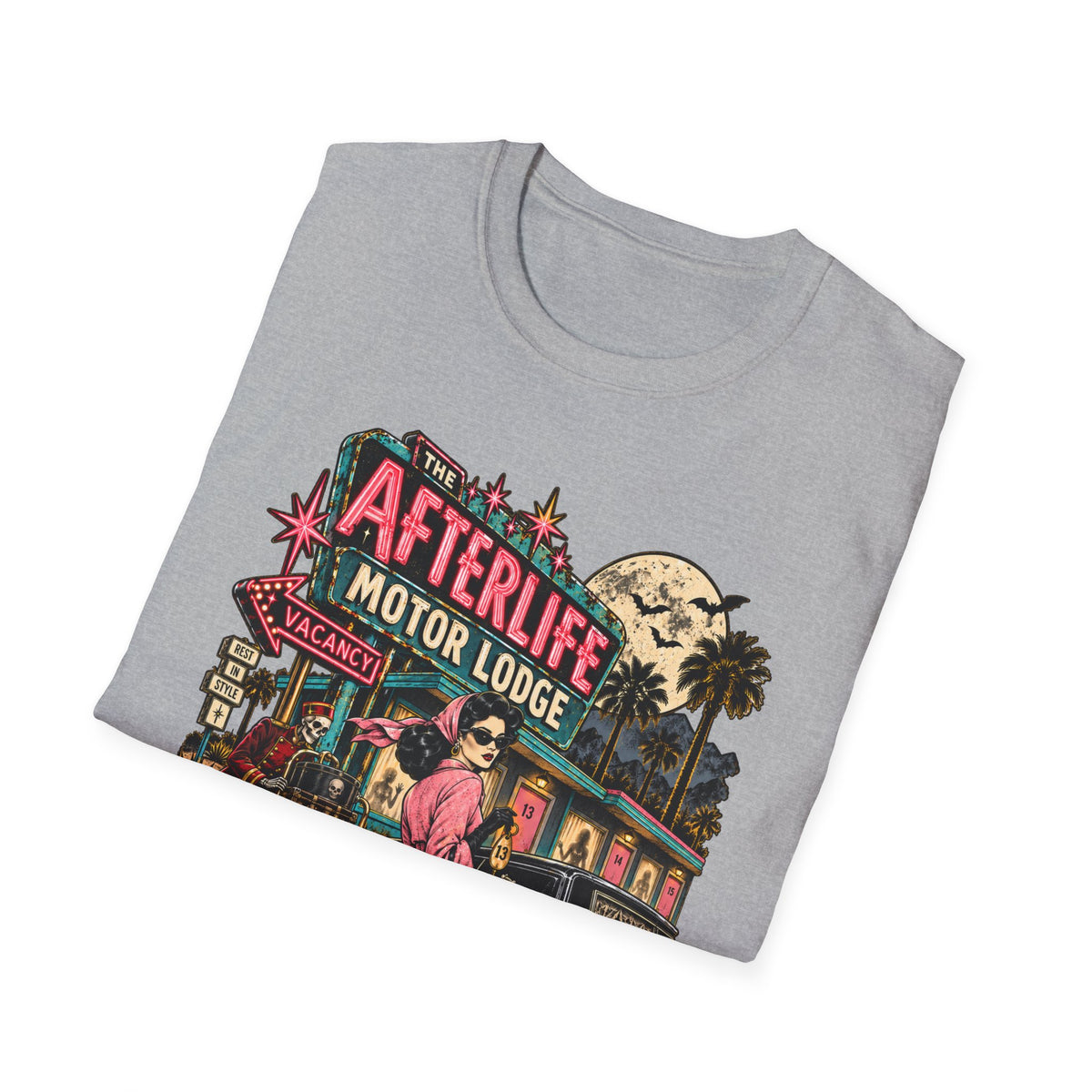 Afterlife Motor Lodge T-Shirt — 'Check In Never Leave' Retro Neon Horror Tee
