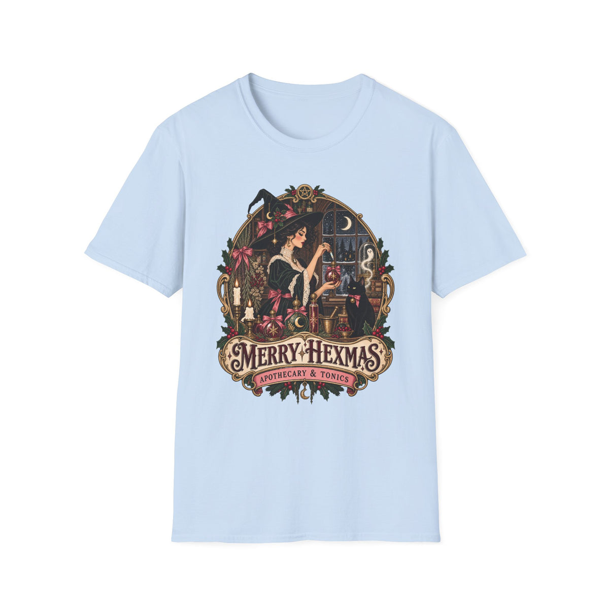 Merry Hexmas Witch T-Shirt — Festive Apothecary Holiday Magic Tee