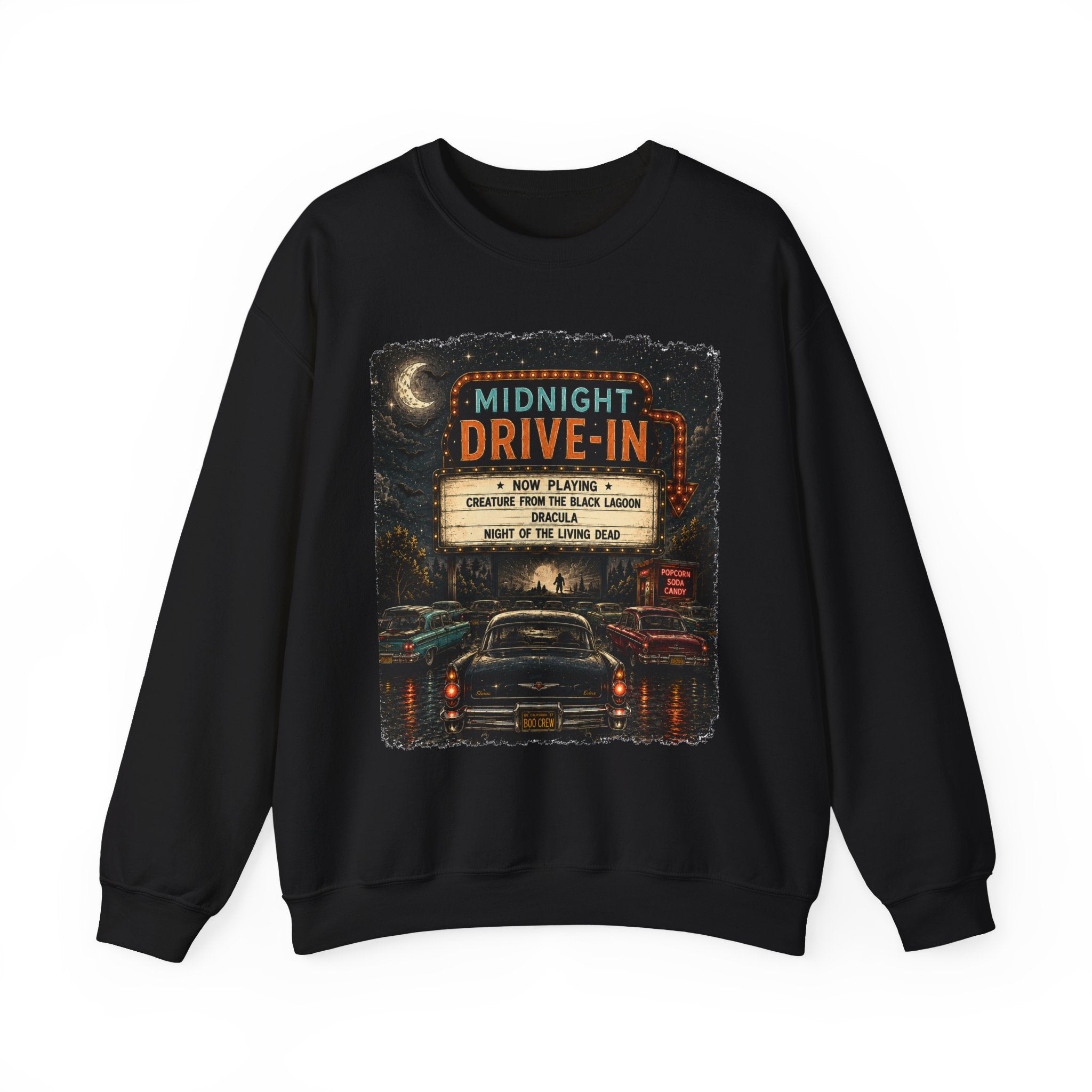 Midnight Drive-In Crewneck Sweatshirt — Vintage Horror Marquee Graphic - Boo Crew Boutique
