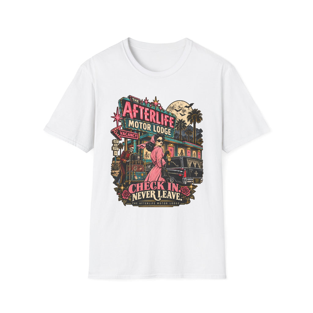 Afterlife Motor Lodge T-Shirt — 'Check In Never Leave' Retro Neon Horror Tee