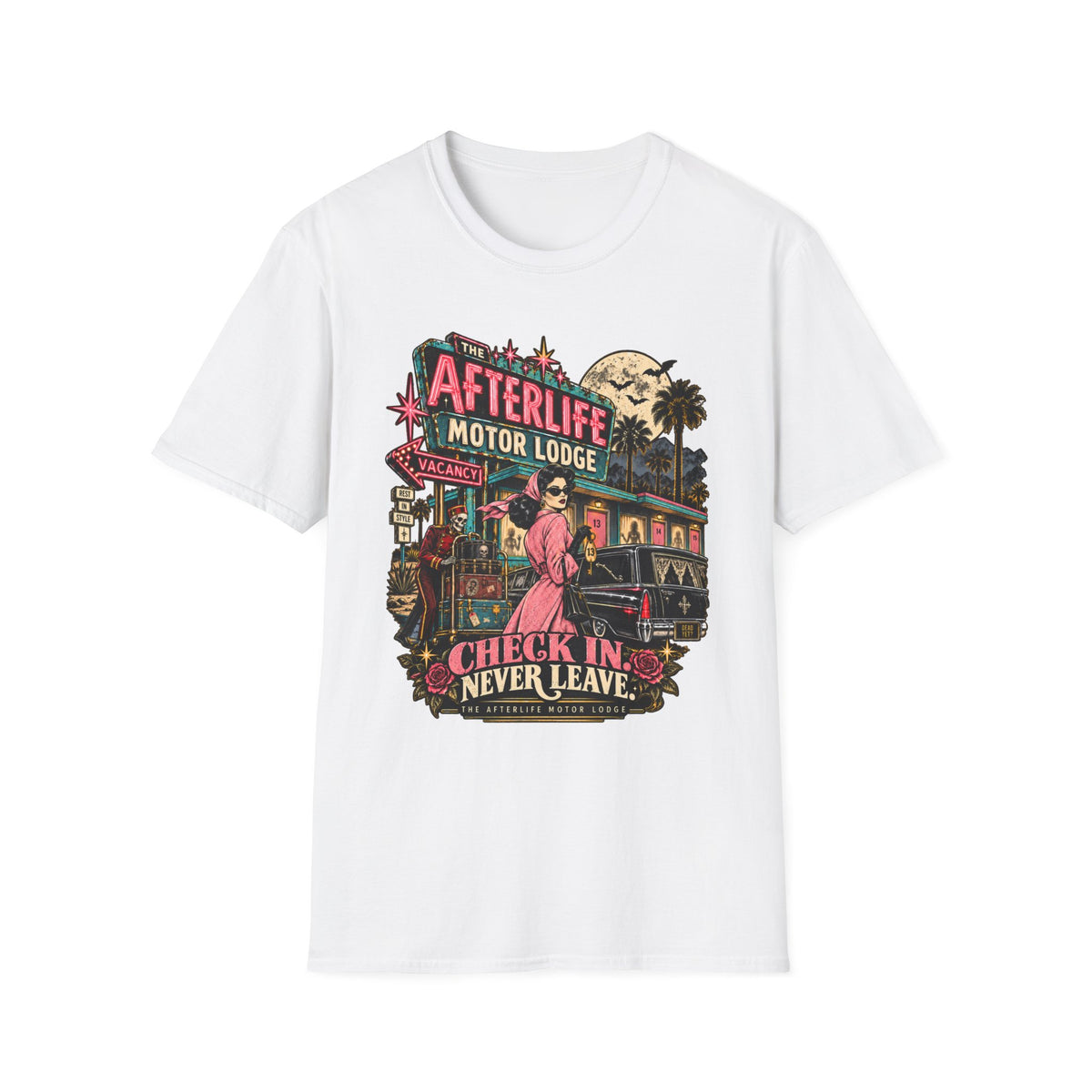 Afterlife Motor Lodge T-Shirt — 'Check In Never Leave' Retro Neon Horror Tee