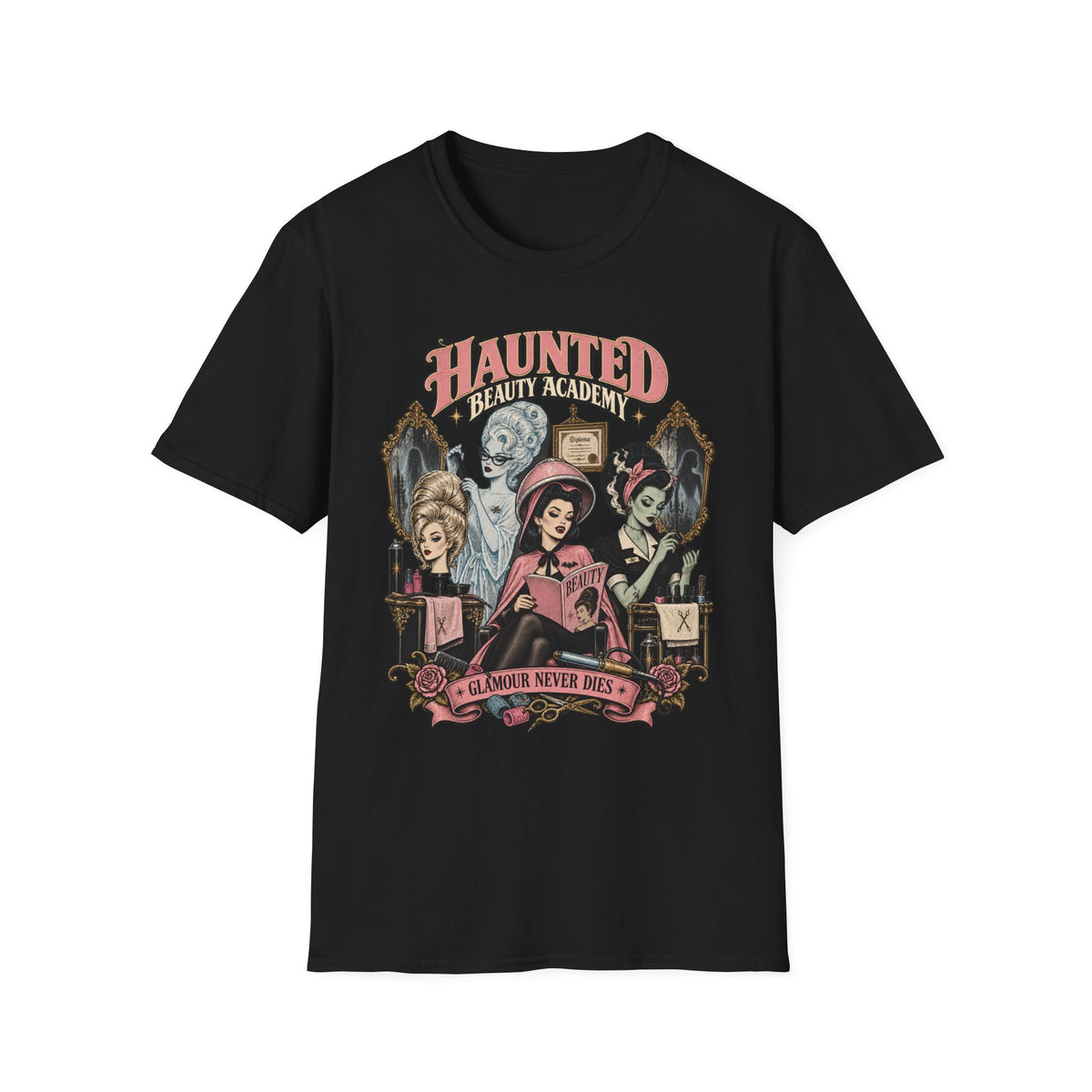 Haunted Beauty Academy Tee — Vintage Gothic Halloween T-Shirt - Boo Crew Boutique