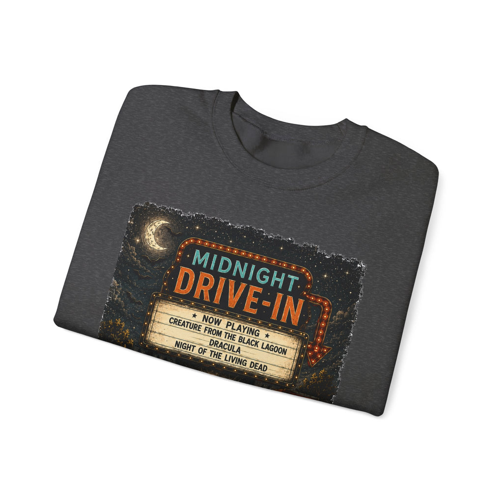 Midnight Drive-In Crewneck Sweatshirt — Vintage Horror Marquee Graphic - Boo Crew Boutique