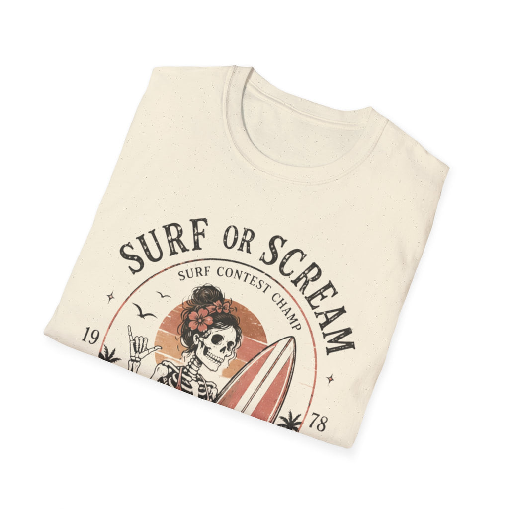 Surf or Scream T-Shirt — Vintage Skeleton Surfing Graphic Tee - Boo Crew Boutique