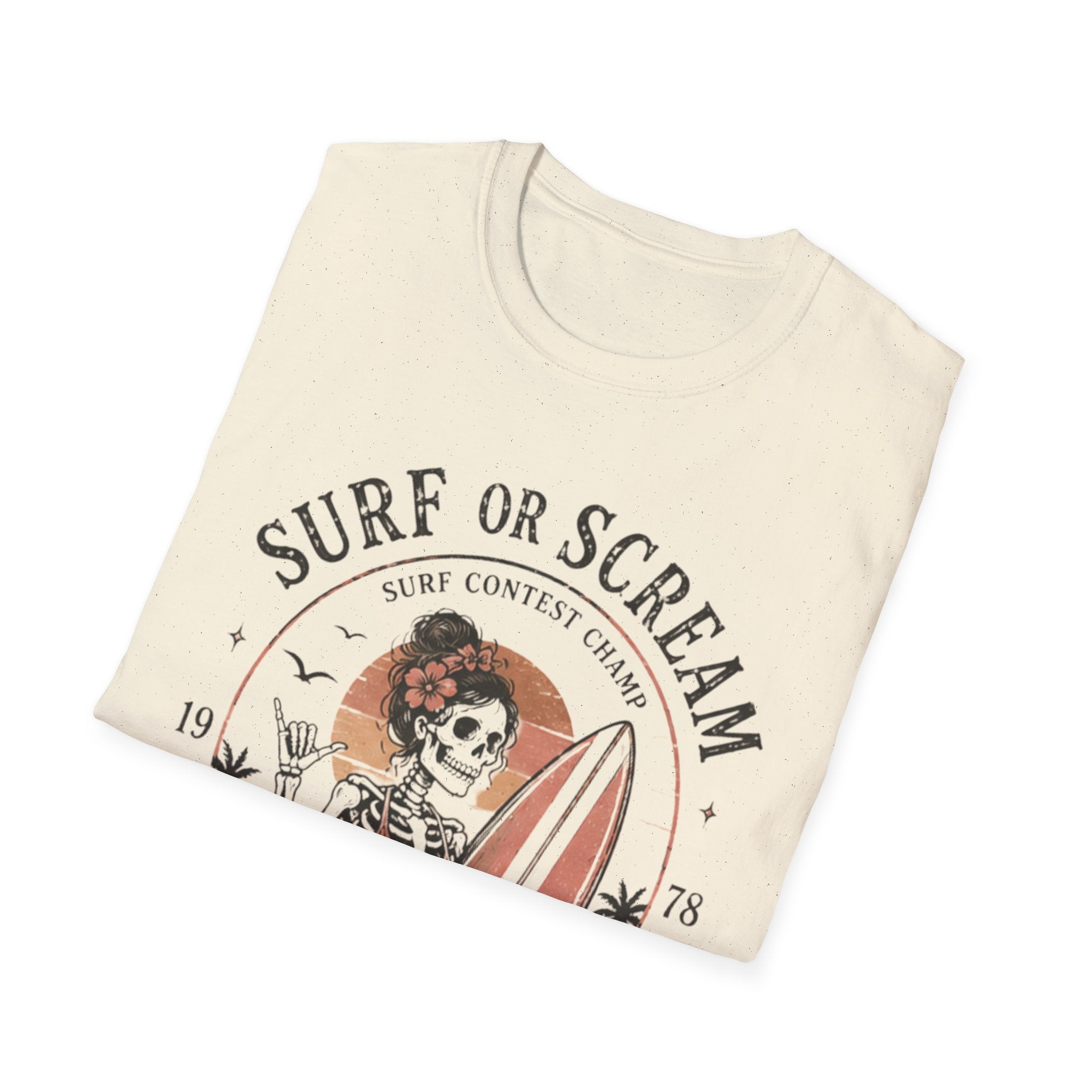 Surf or Scream T-Shirt — Vintage Skeleton Surfing Graphic Tee - Boo Crew Boutique