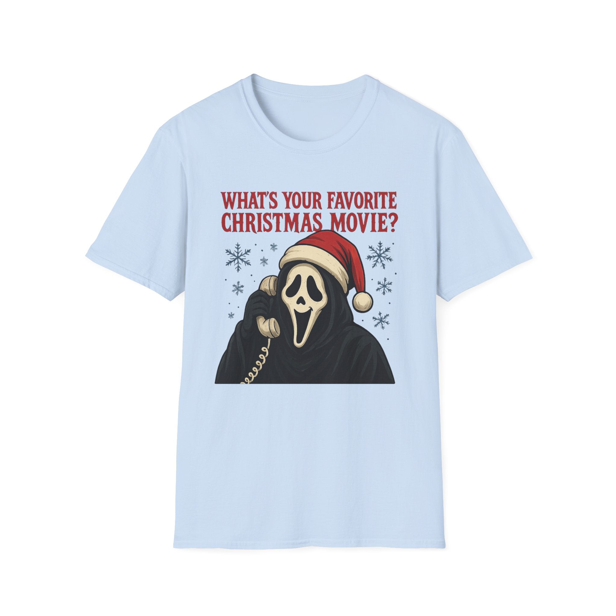 Scream Mask Christmas T-Shirt — "What's Your Favorite Christmas Movie?" Holiday Tee