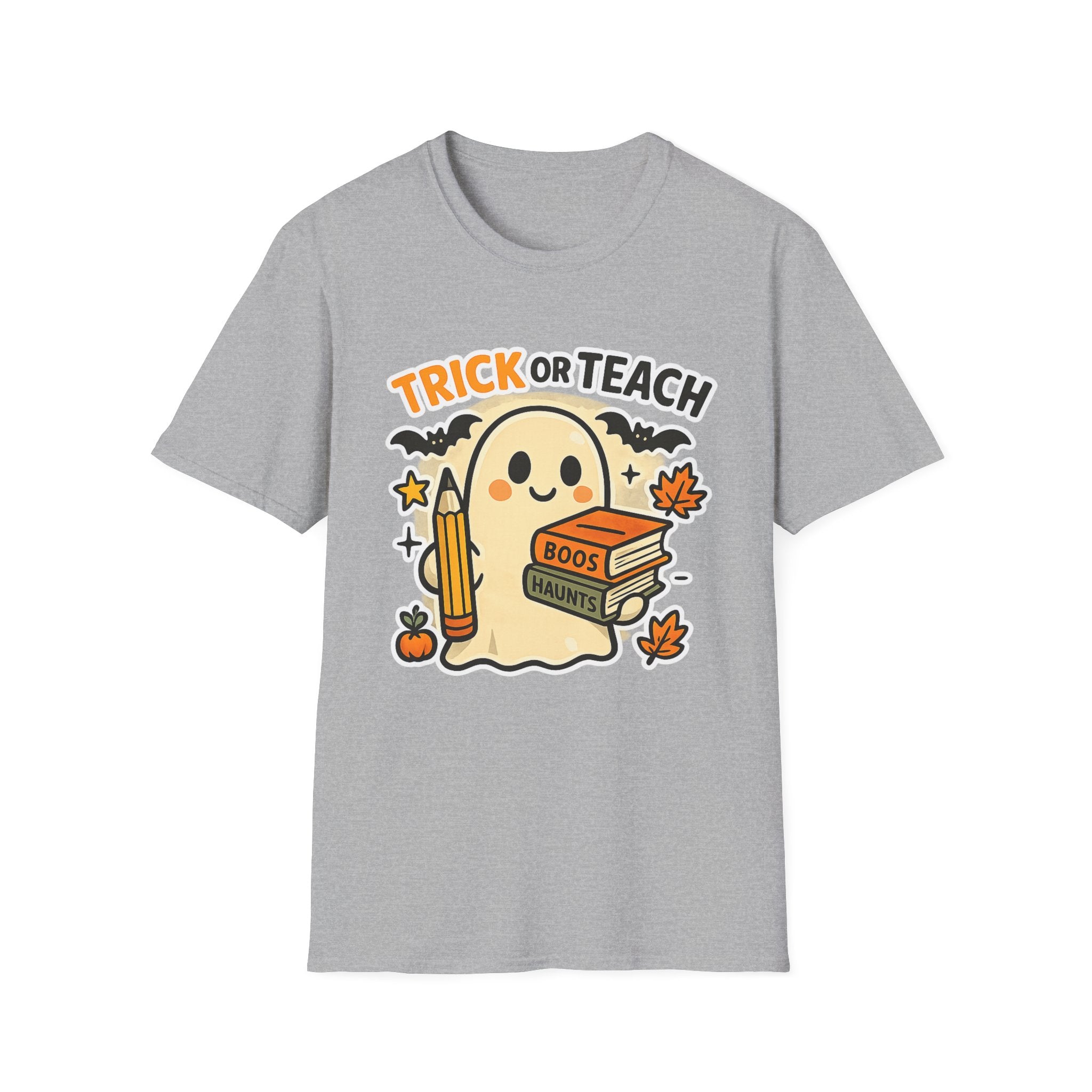 Trick or Teach Halloween Teacher T‑Shirt — Cute Ghost with Books & Pencil - Boo Crew Boutique