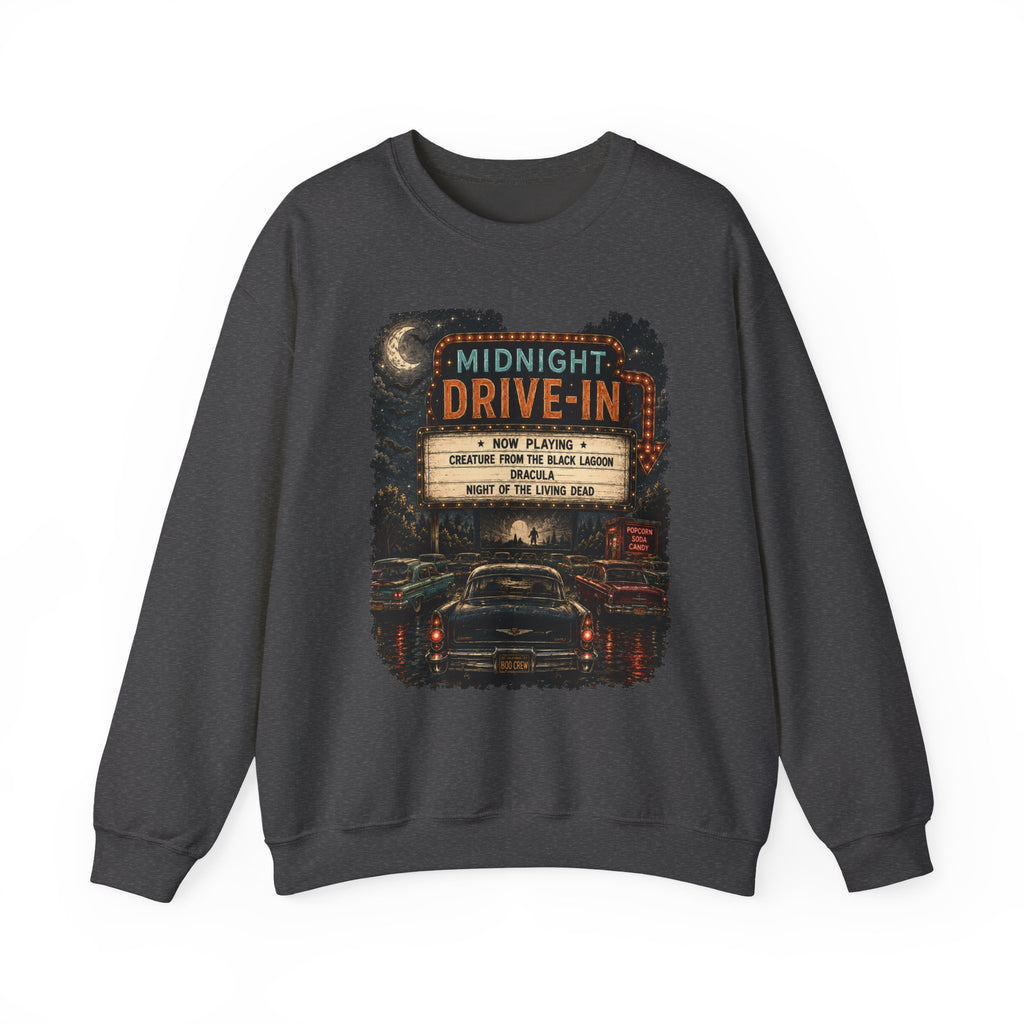 Midnight Drive-In Crewneck Sweatshirt — Vintage Horror Marquee Graphic