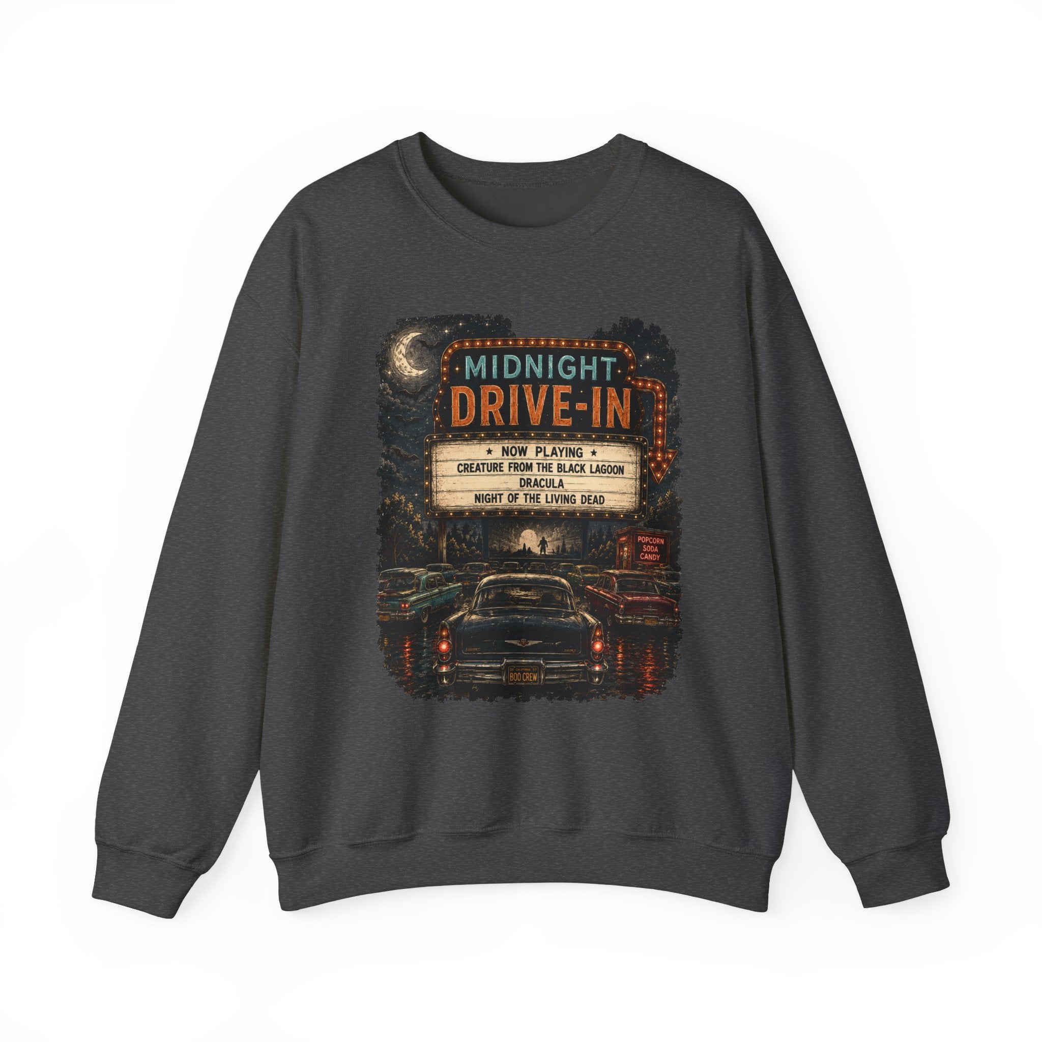 Midnight Drive-In Crewneck Sweatshirt — Vintage Horror Marquee Graphic
