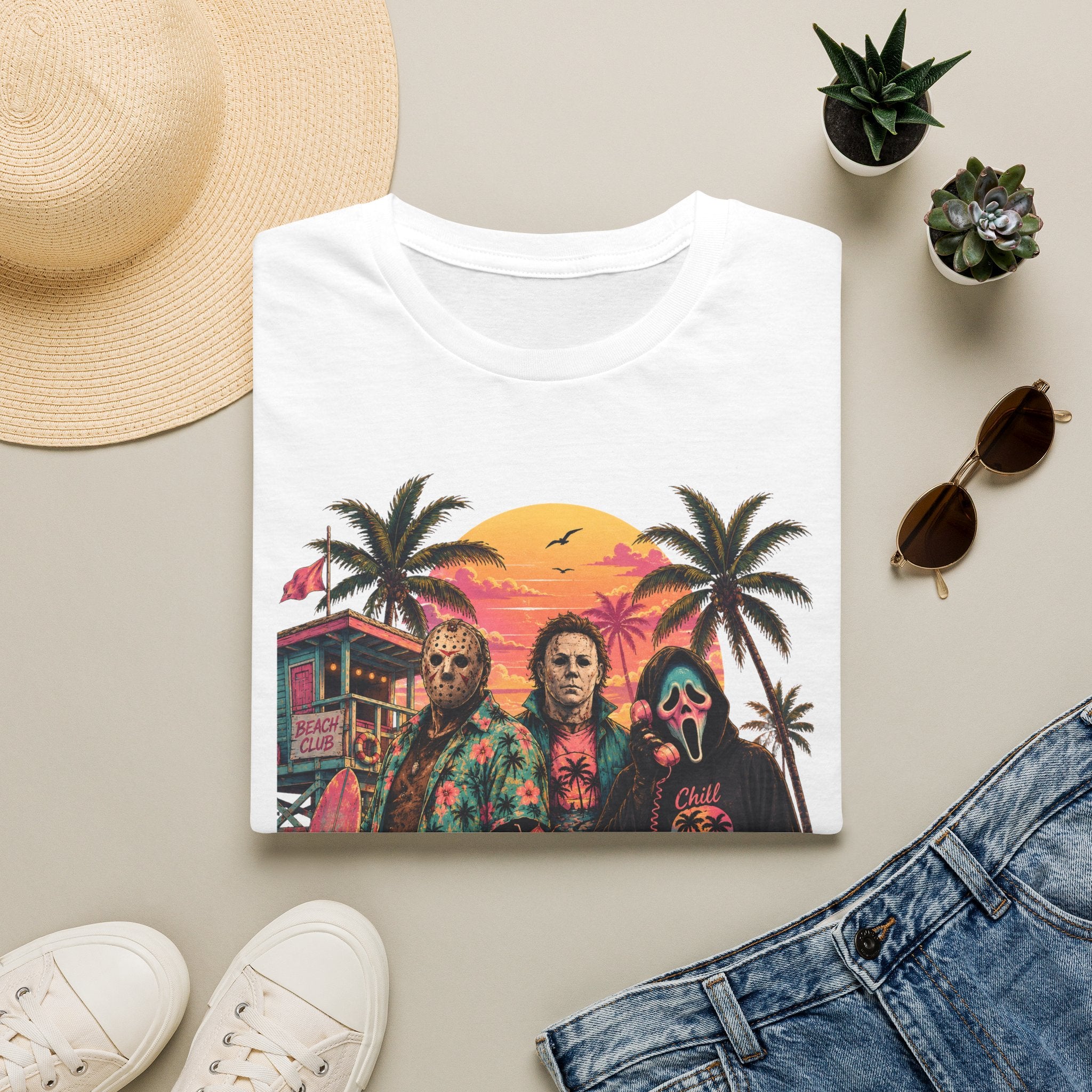 Horror Beach T-Shirt — 'Beaches, Booze & Bodies' Retro Sunset Graphic - Boo Crew Boutique