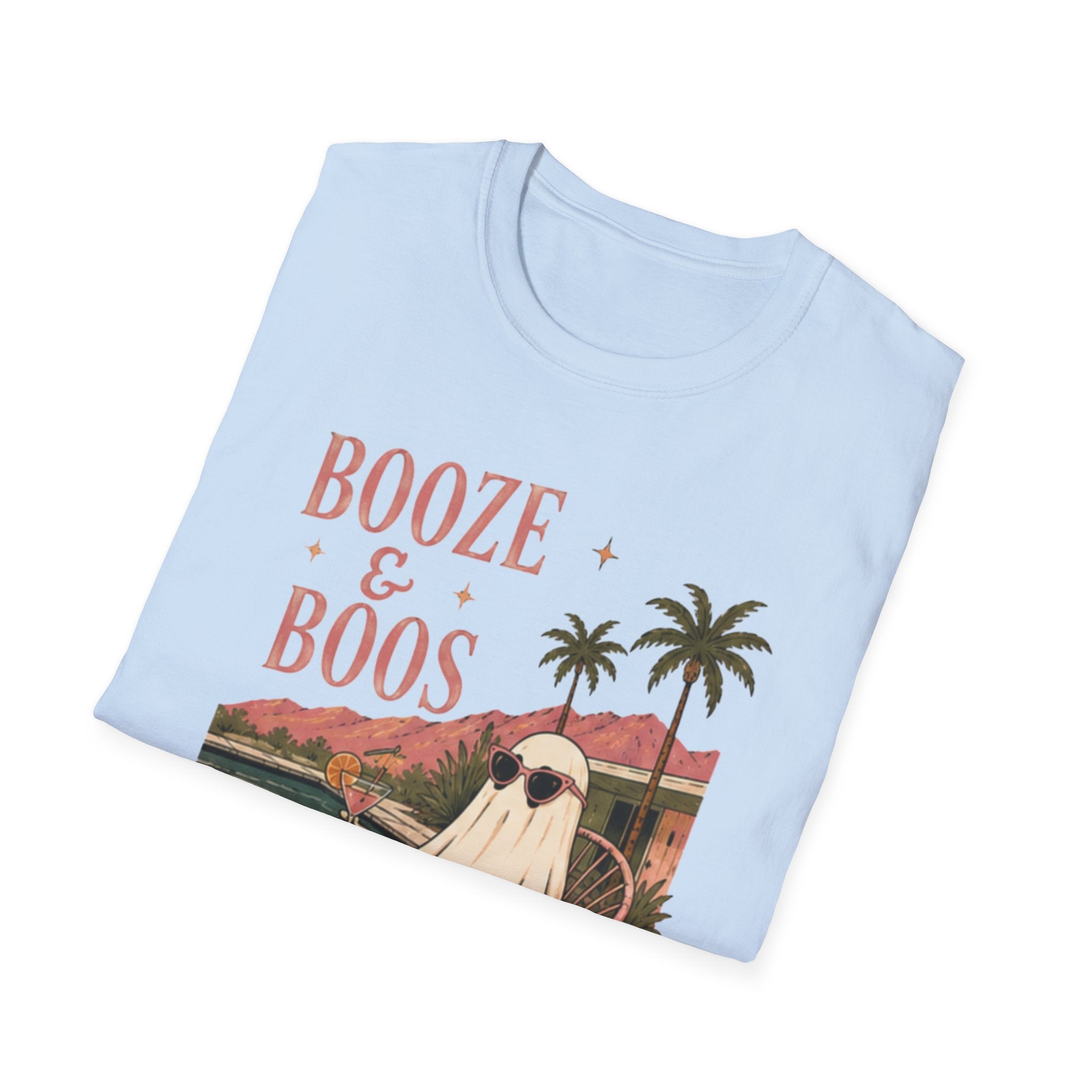 Booze & Boos T‑Shirt — Retro Palm Tree Ghost Graphic - Boo Crew Boutique