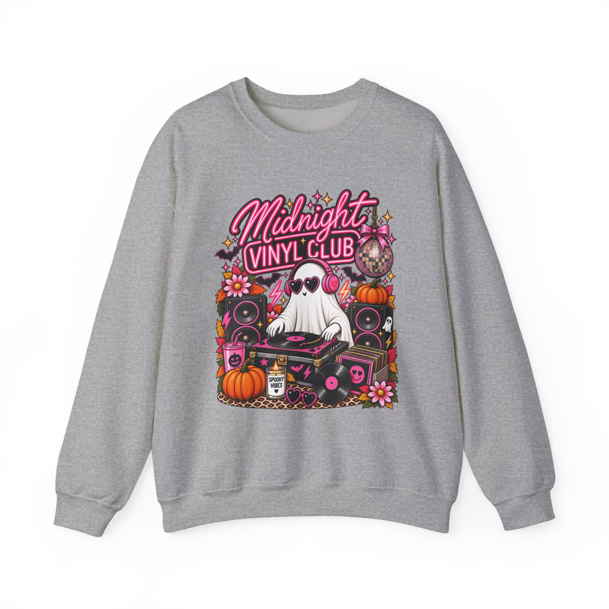 Midnight Vinyl Club Sweatshirt — Retro DJ Ghost Halloween Crewneck - Boo Crew Boutique