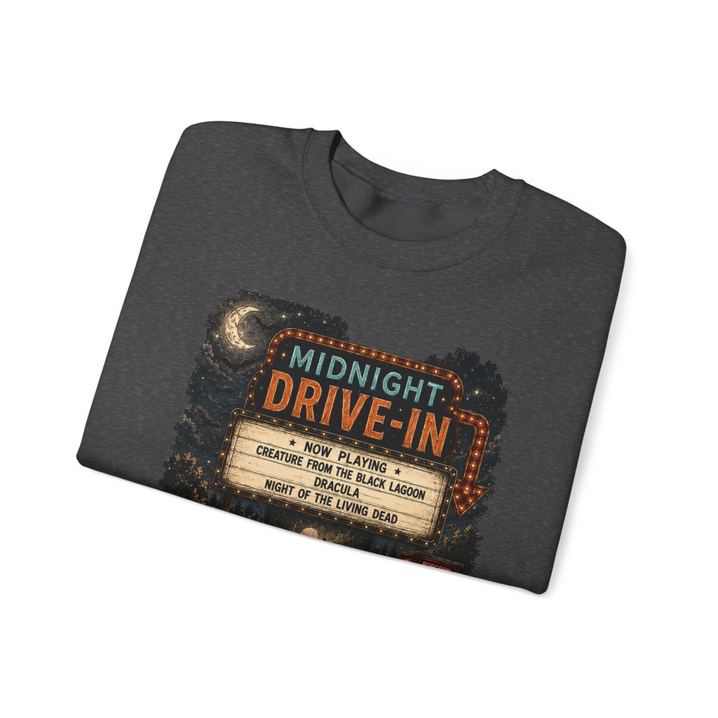 Midnight Drive-In Crewneck Sweatshirt — Vintage Horror Marquee Graphic