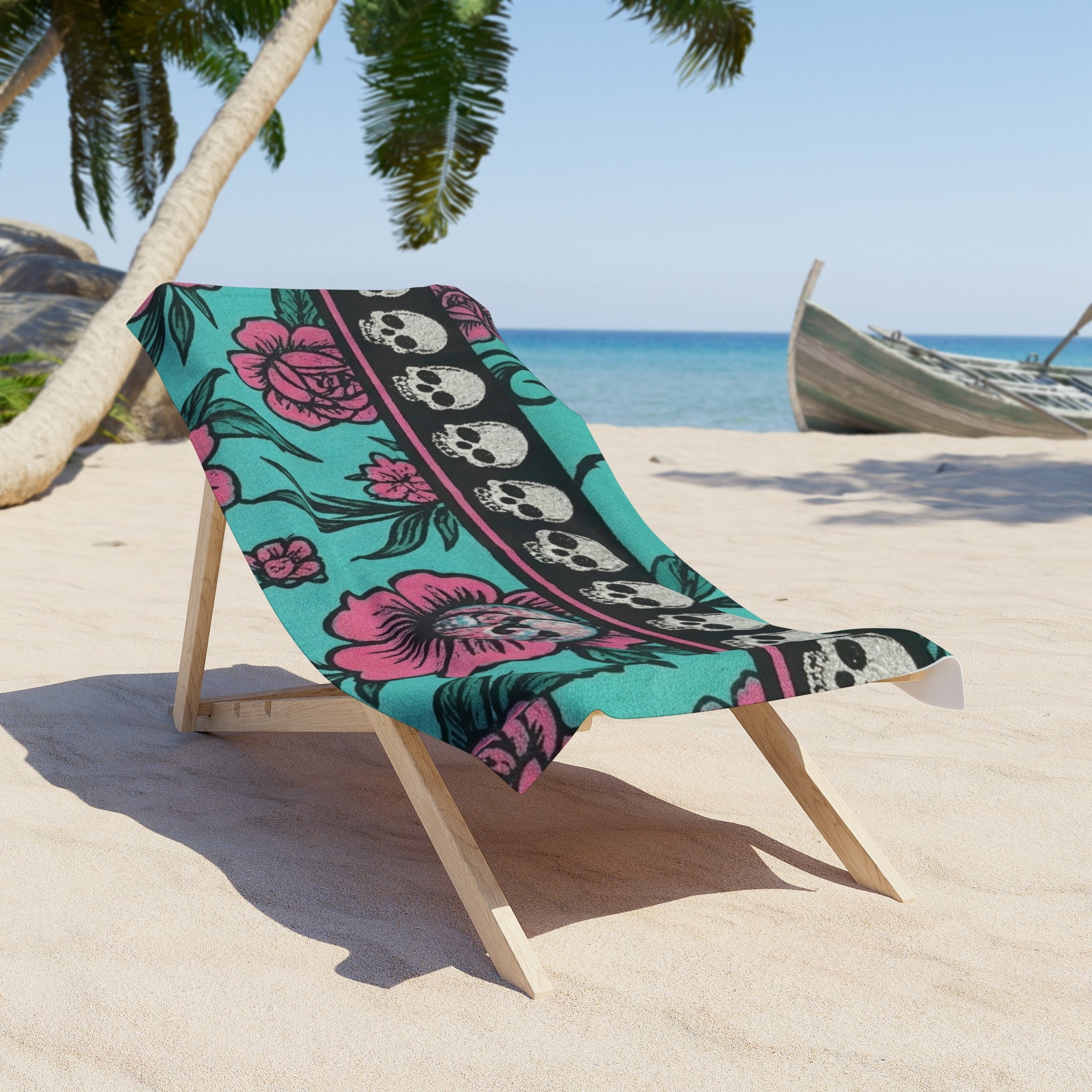 Skull & Hibiscus Beach Towel — Teal Floral Skull Border - Boo Crew Boutique