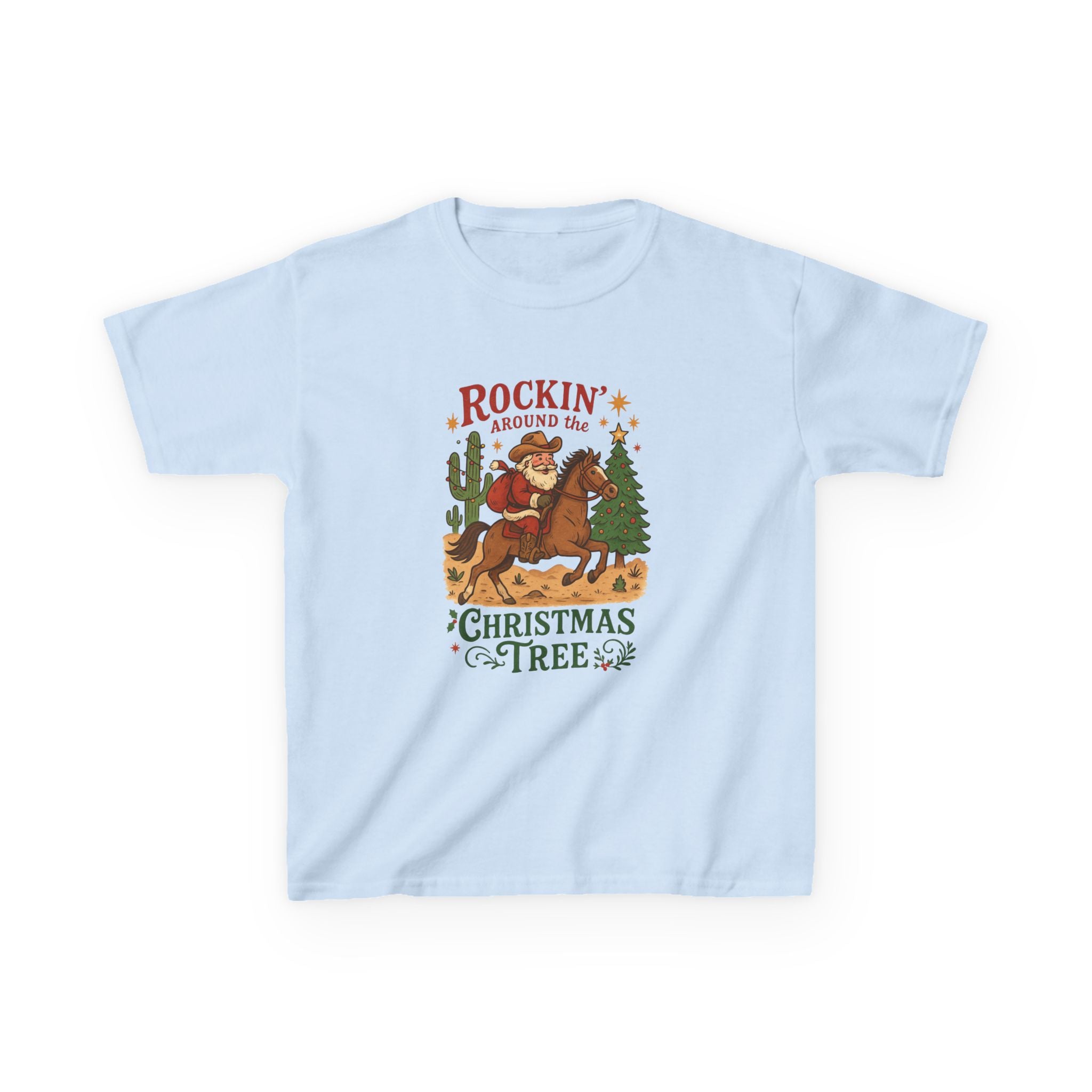 Rockin' Around the Christmas Tree Kids Tee | Cowboy Horse Holiday Graphic