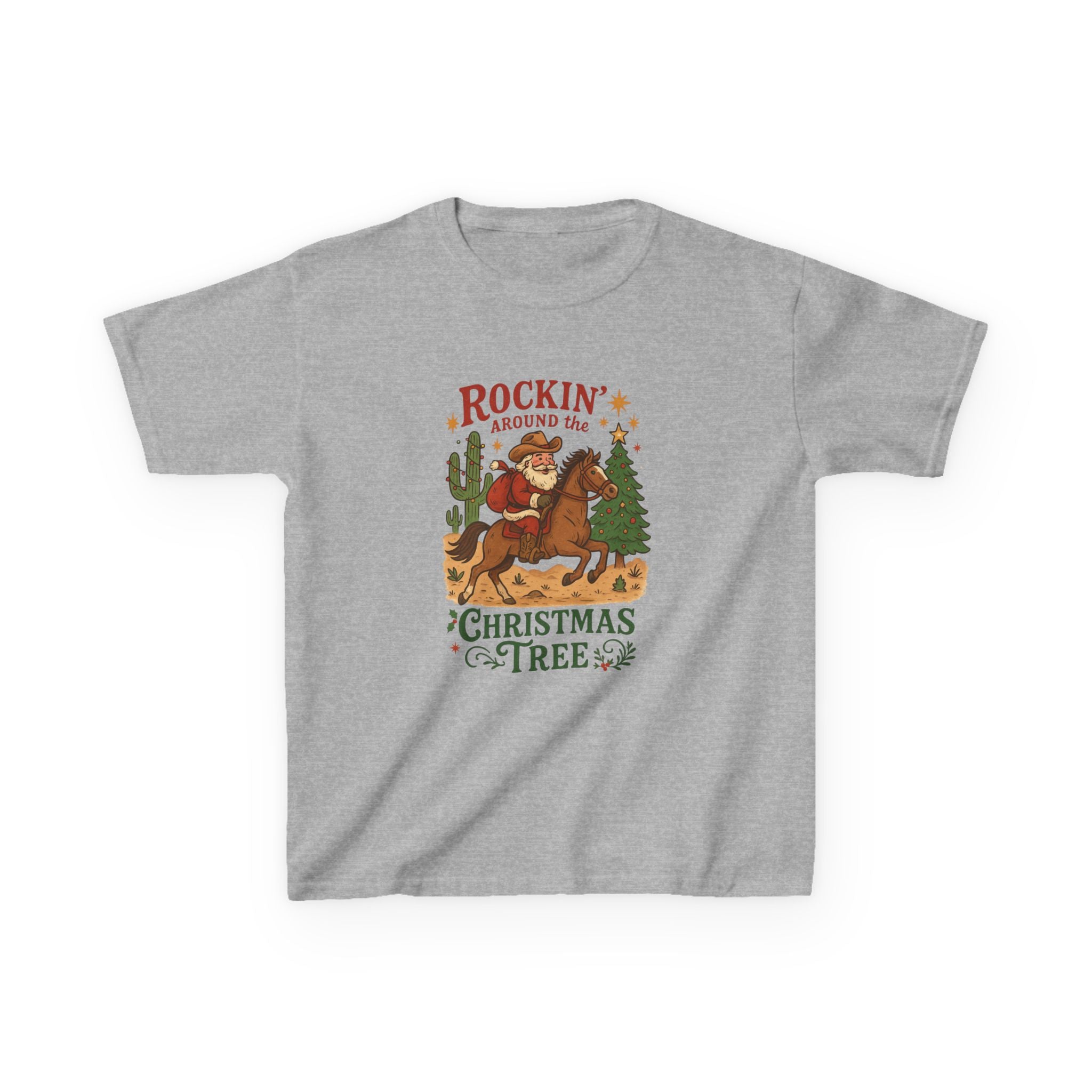 Rockin' Around the Christmas Tree Kids Tee | Cowboy Horse Holiday Graphic