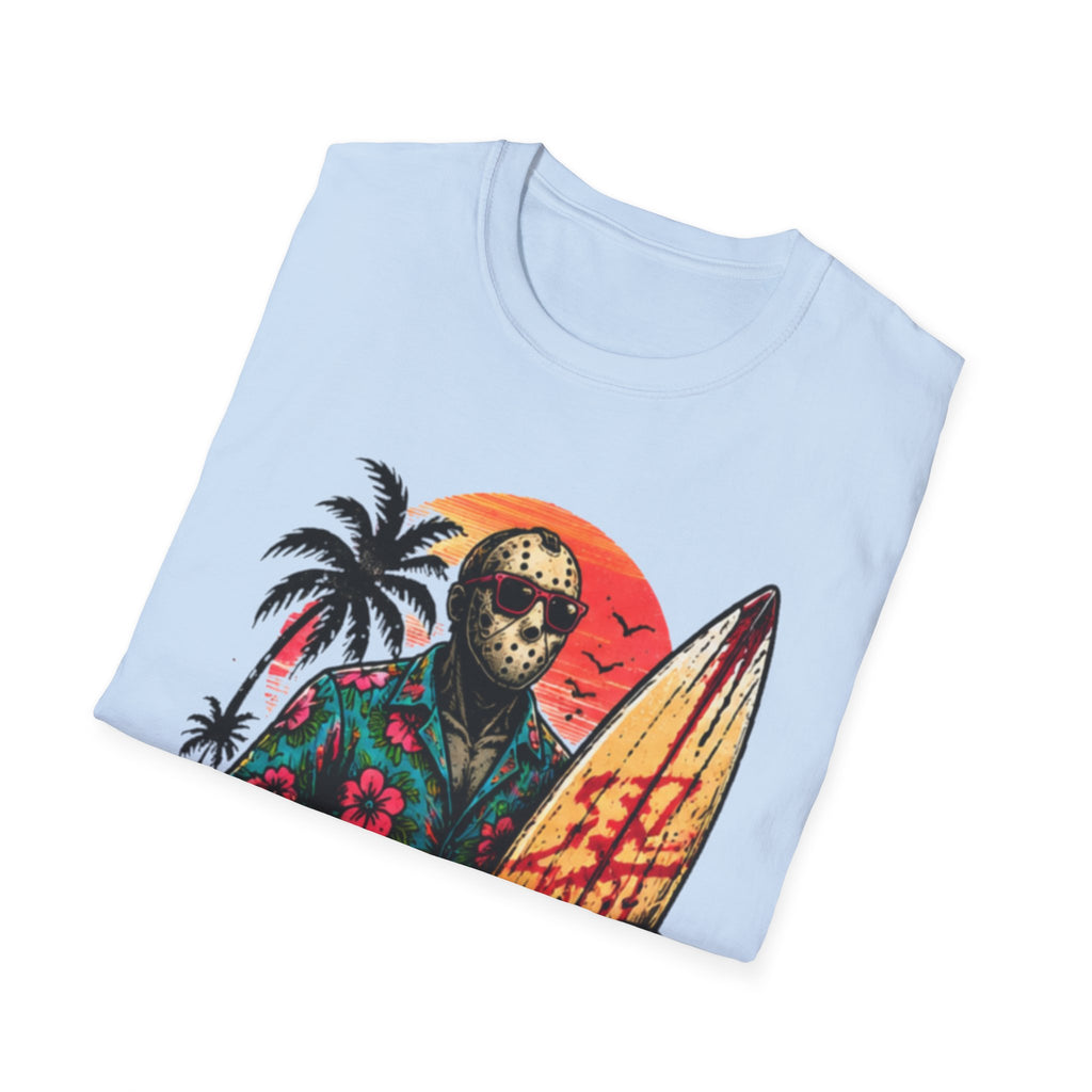 Horror Surfer T‑Shirt — Retro Jason Mask Beach Surf Design