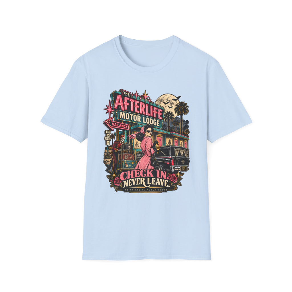 Afterlife Motor Lodge T-Shirt — 'Check In Never Leave' Retro Neon Horror Tee