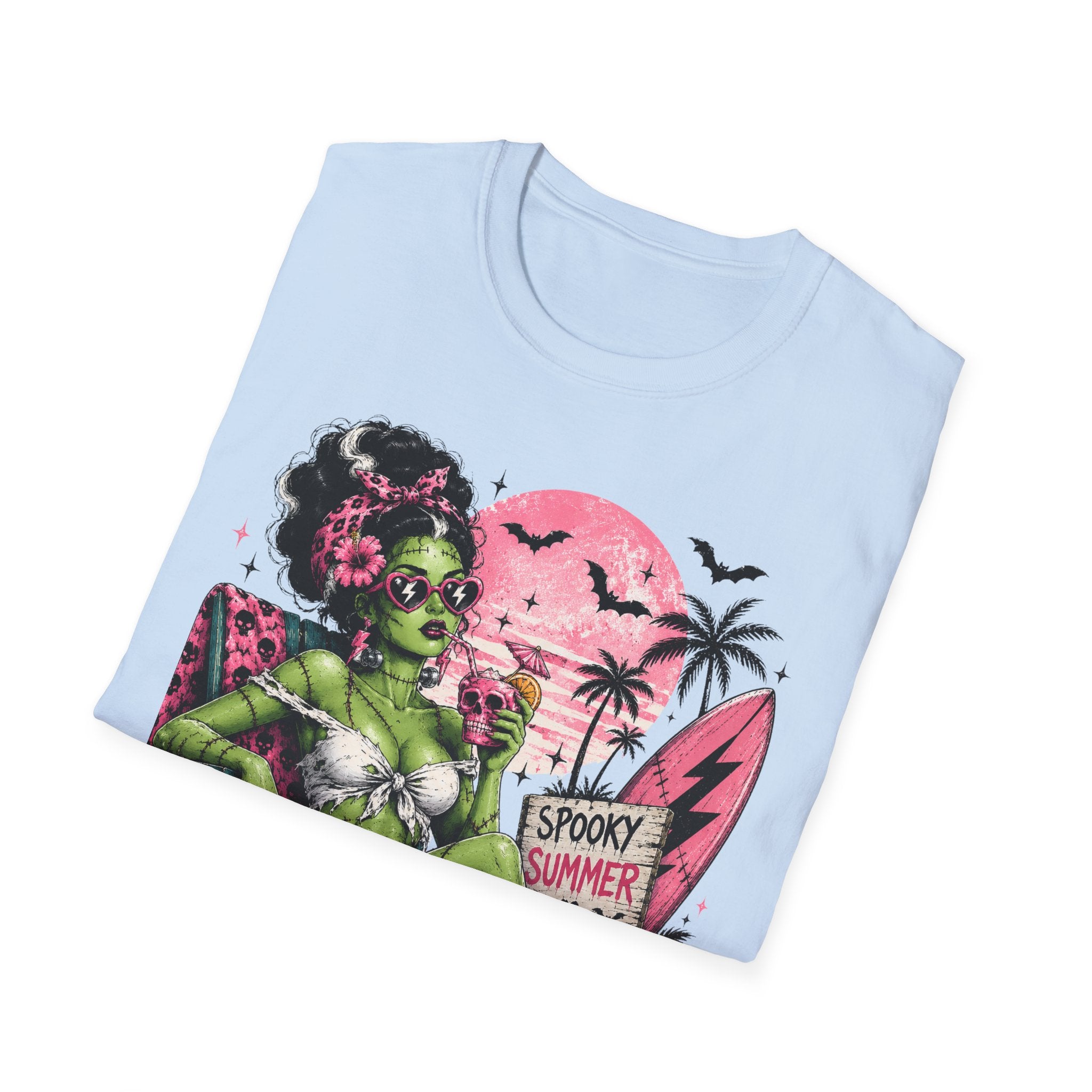 Spooky Summer Pin - Up T-Shirt — Retro Green Frankenstein Girl Beach Tee - Boo Crew Boutique