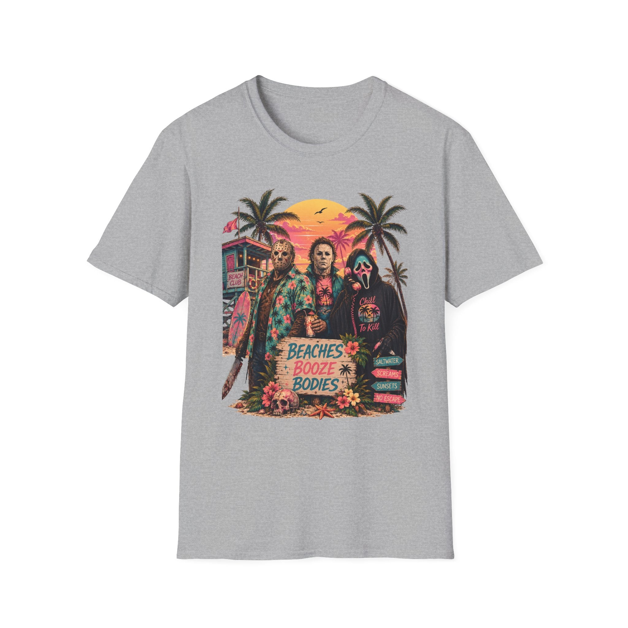 Horror Beach T-Shirt — 'Beaches, Booze & Bodies' Retro Sunset Graphic - Boo Crew Boutique
