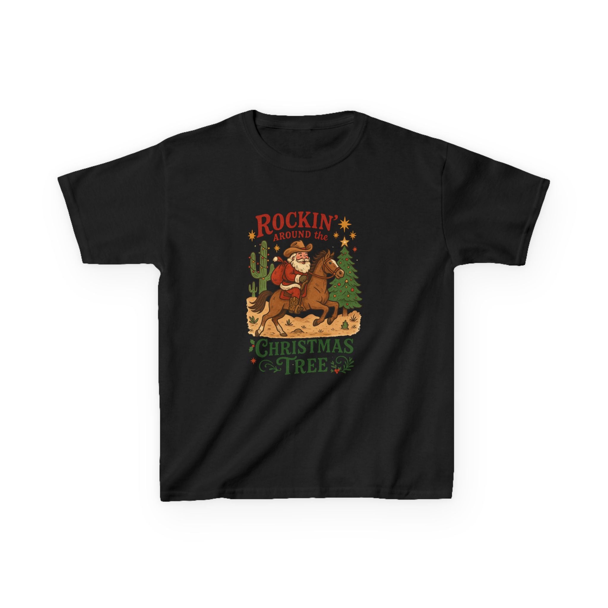 Rockin' Around the Christmas Tree Kids Tee | Cowboy Horse Holiday Graphic