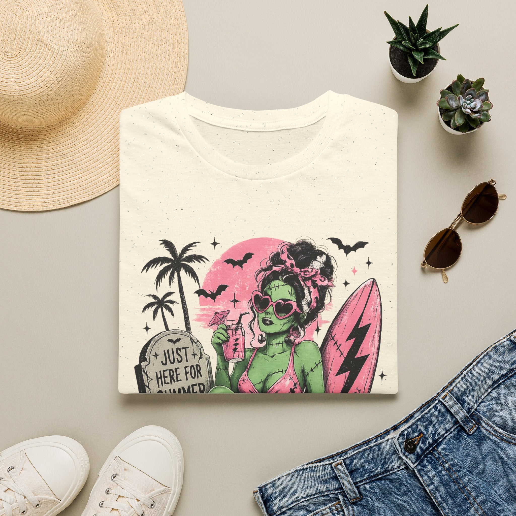 Zombie Pinup Beach T-Shirt — "Just Here for Summer" Retro Surf Tee - Boo Crew Boutique