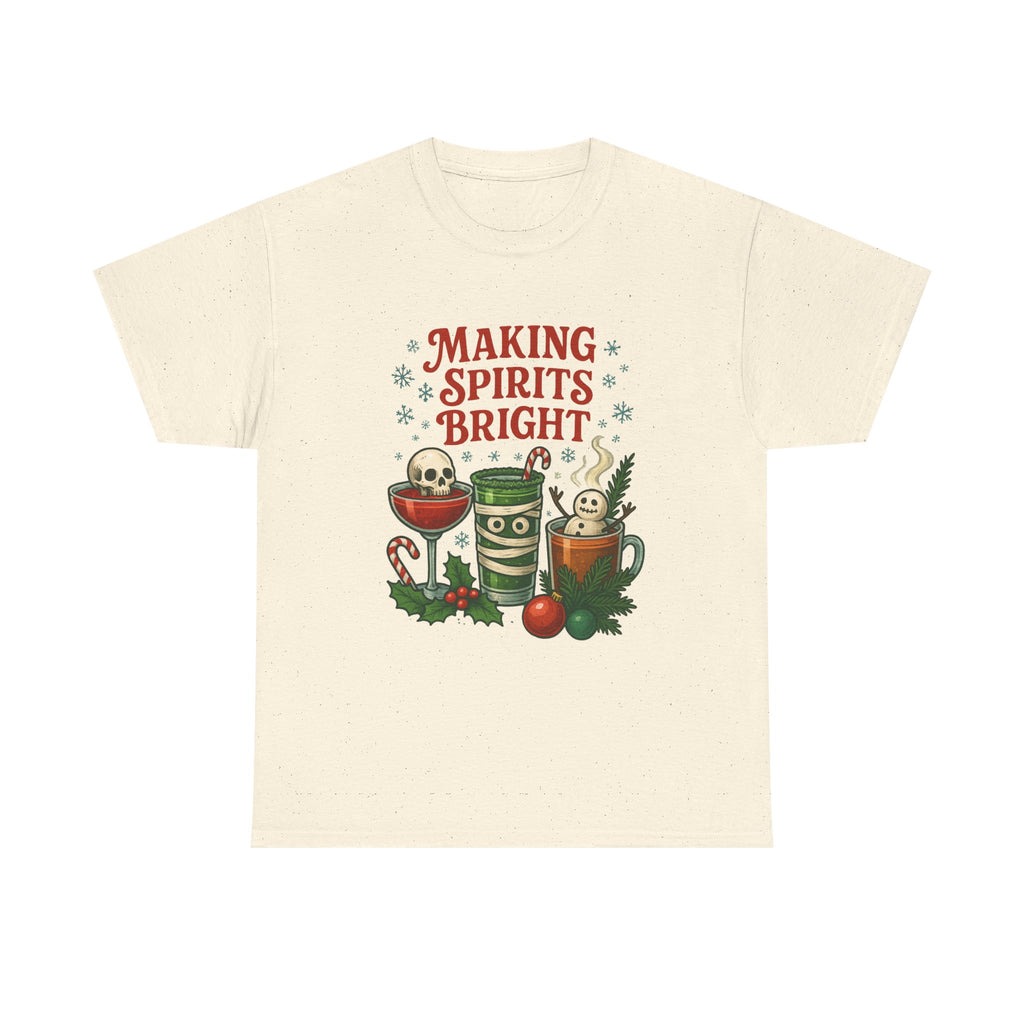 Holiday Cocktail Tee, Festive Cotton Shirt, Making Spirits Bright Tee, Spooky Xmas Tee, Cute Gift Idea, Gift for Cocktail Lover - Boo Crew Boutique
