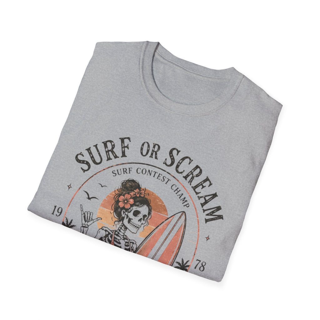 Surf or Scream T-Shirt — Vintage Skeleton Surfing Graphic Tee - Boo Crew Boutique